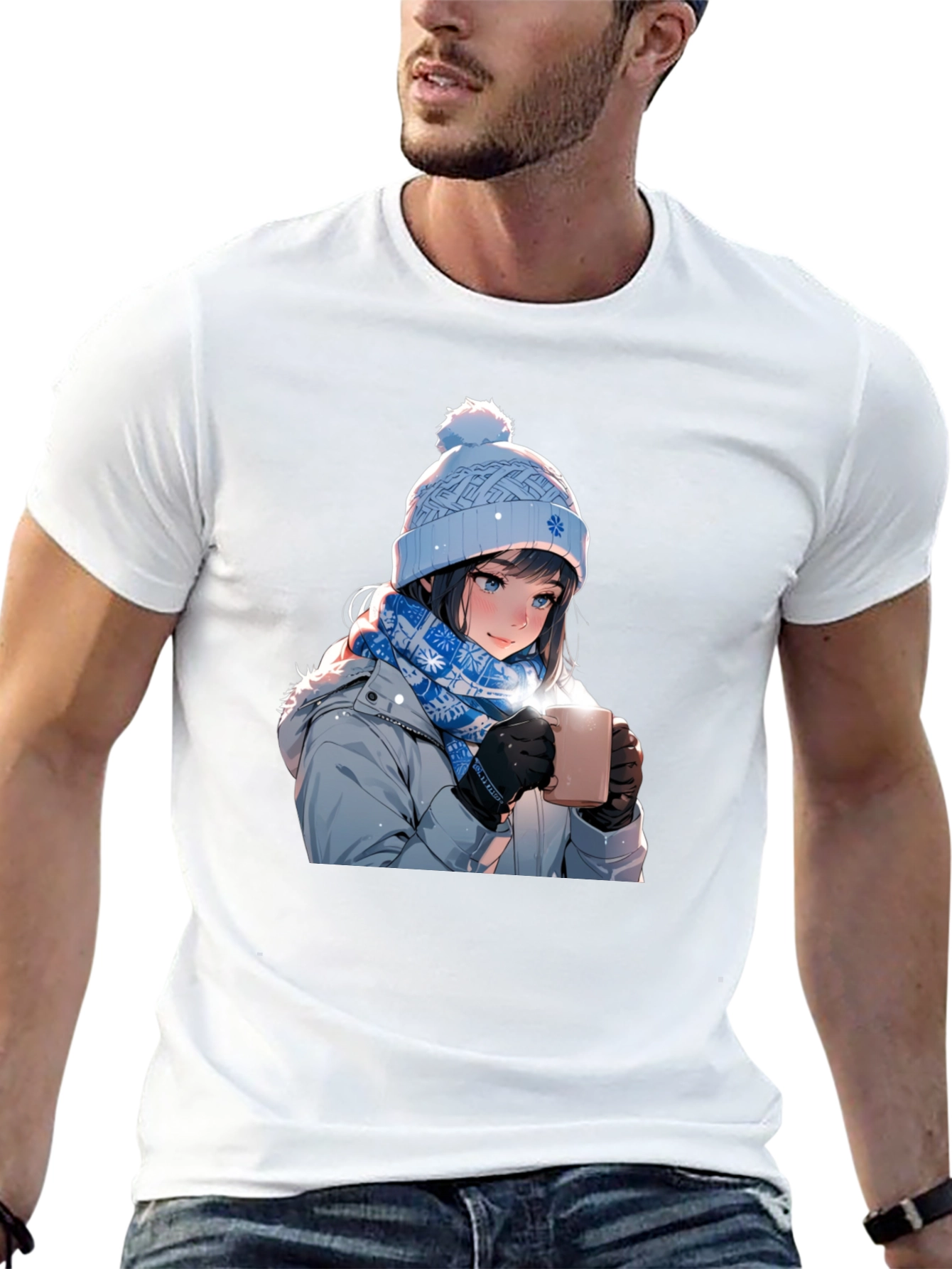 Anime Girl Winter T-Shirt - Cozy Hot Chocolate Design