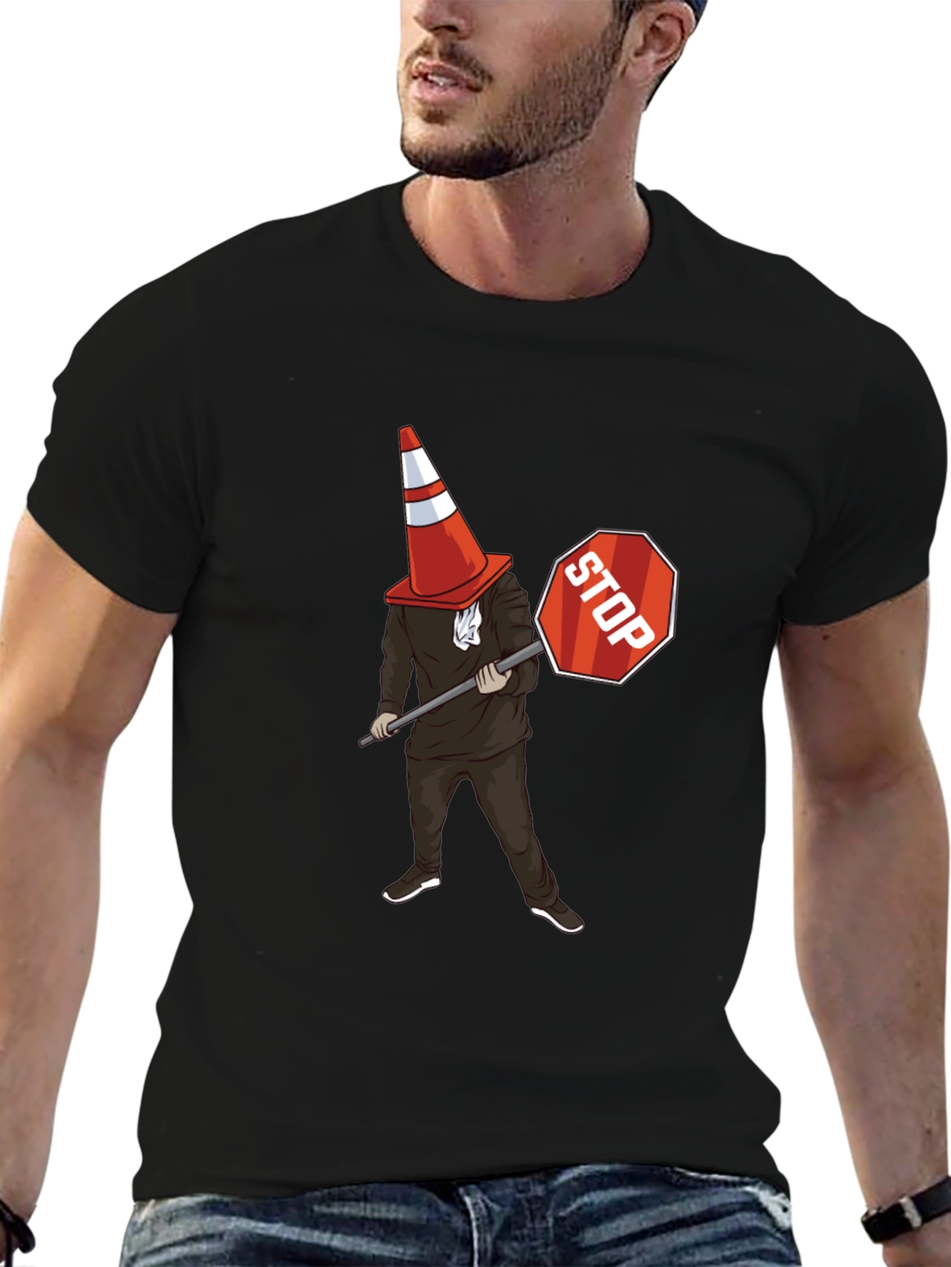Traffic Cone Stop Sign Graphic T-Shirt