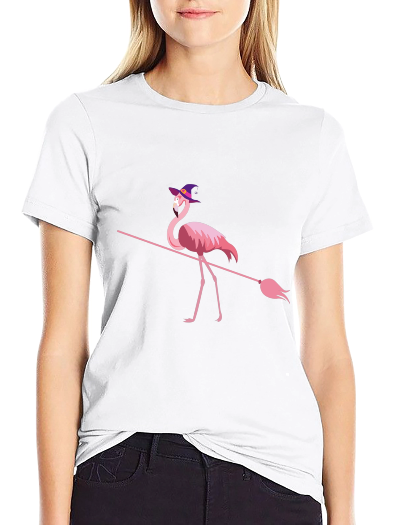 Flamingo Witch Halloween Black T-Shirt
