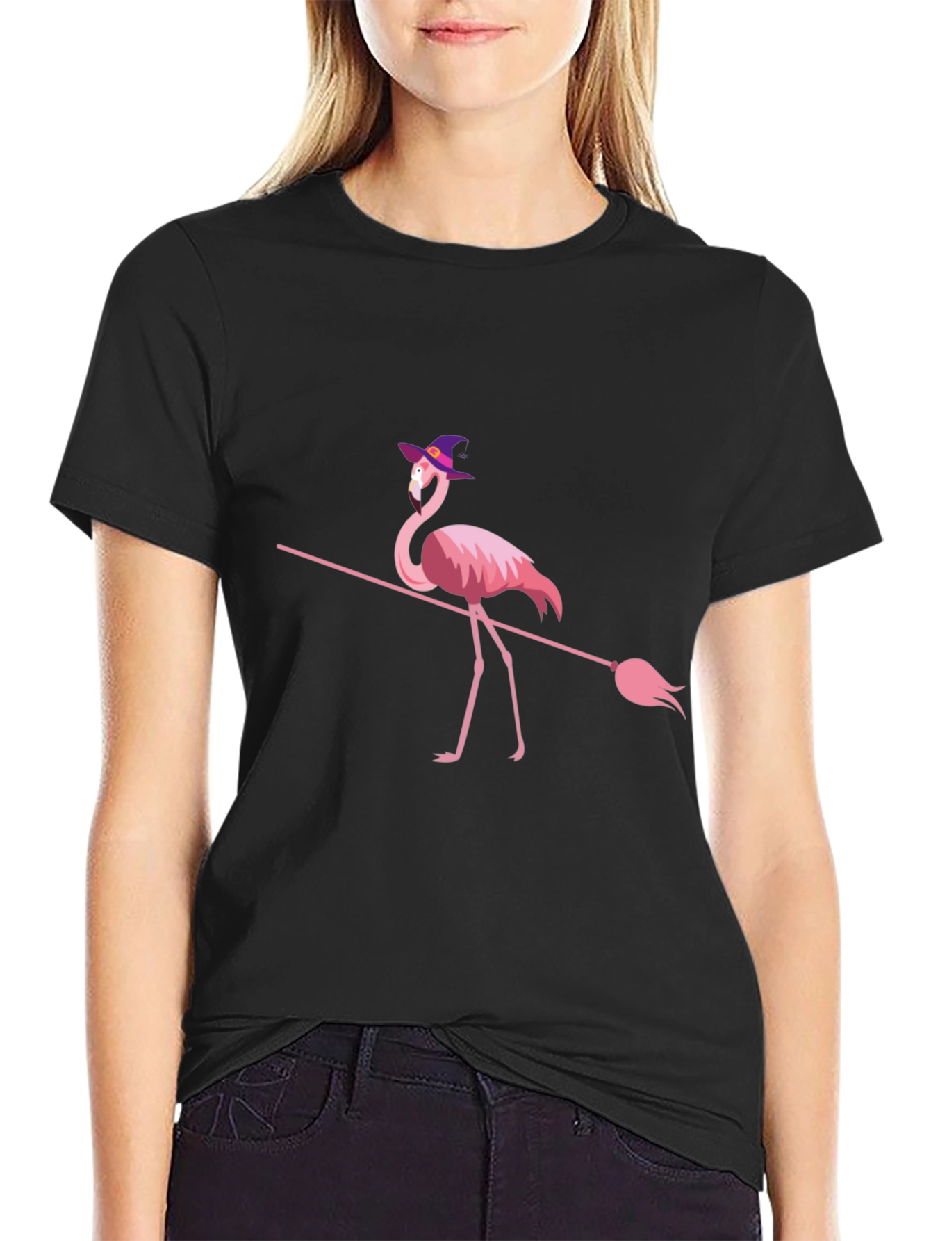 Flamingo Witch Halloween Black T-Shirt