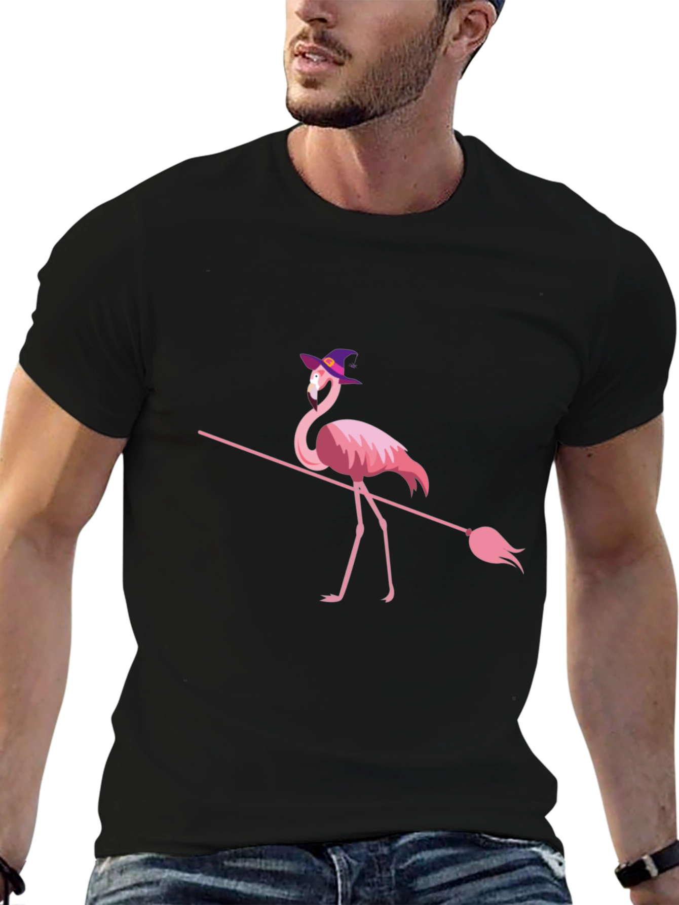 Flamingo Witch Halloween Black T-Shirt