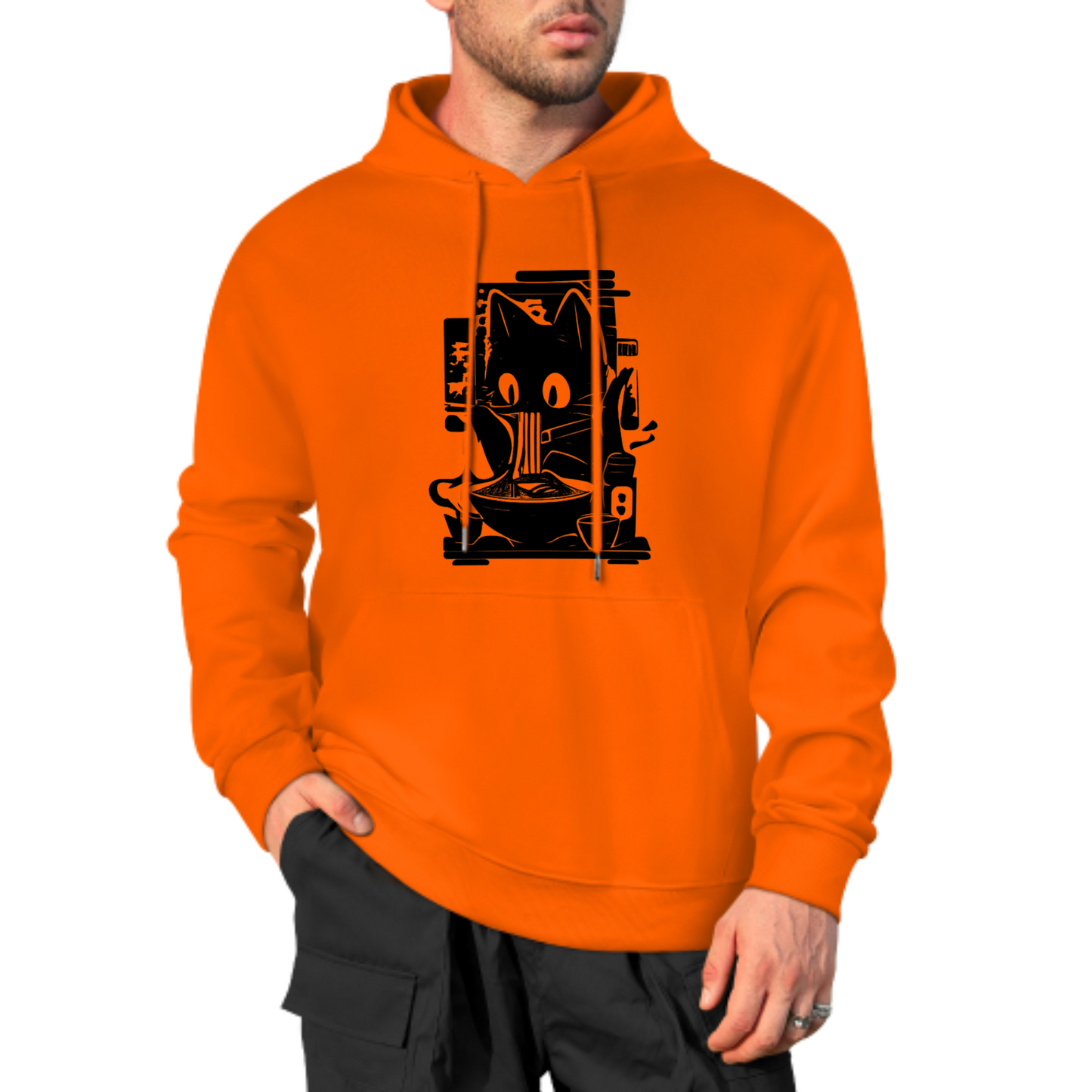 Cute Cat Eating Noodles Hoodie, Fun and Quirky Graphic Sweatshirt, Yellow Hoodie for Cat Lovers, Comfortable & Trendy Casual Wear, Unisex Design