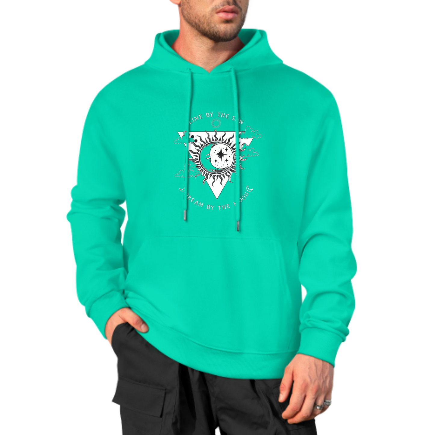 Sun & Moon Graphic Hoodie, Cosmic Balance Sweatshirt, Black Hoodie with Spiritual Design, Unisex Casual Wear, Trendy Hoodie for Dreamers