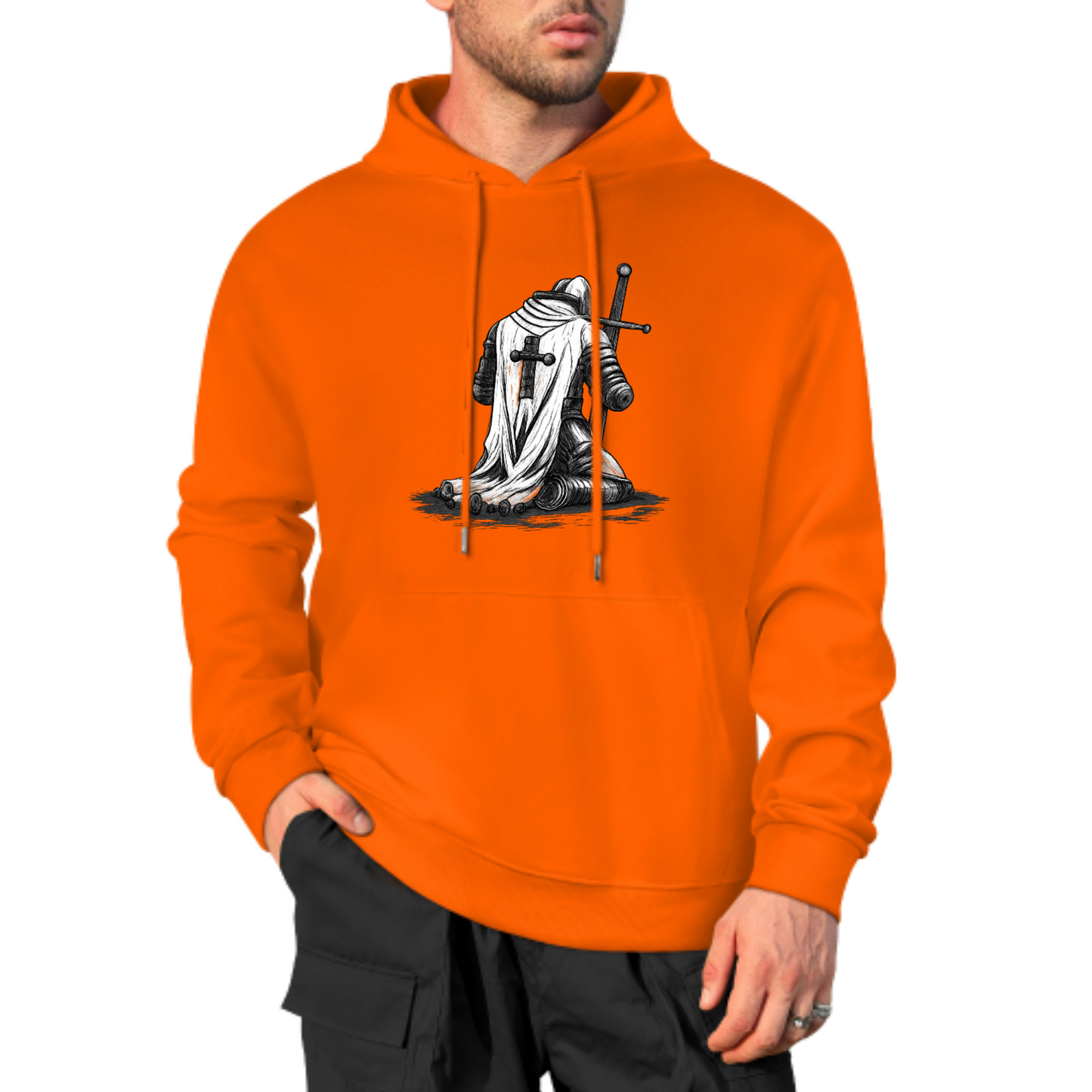 Knight Warrior Graphic Hoodie, Medieval Armor Sweatshirt, Black & White Knight Design, Spiritual Strength Hoodie, Unisex Casual Wear