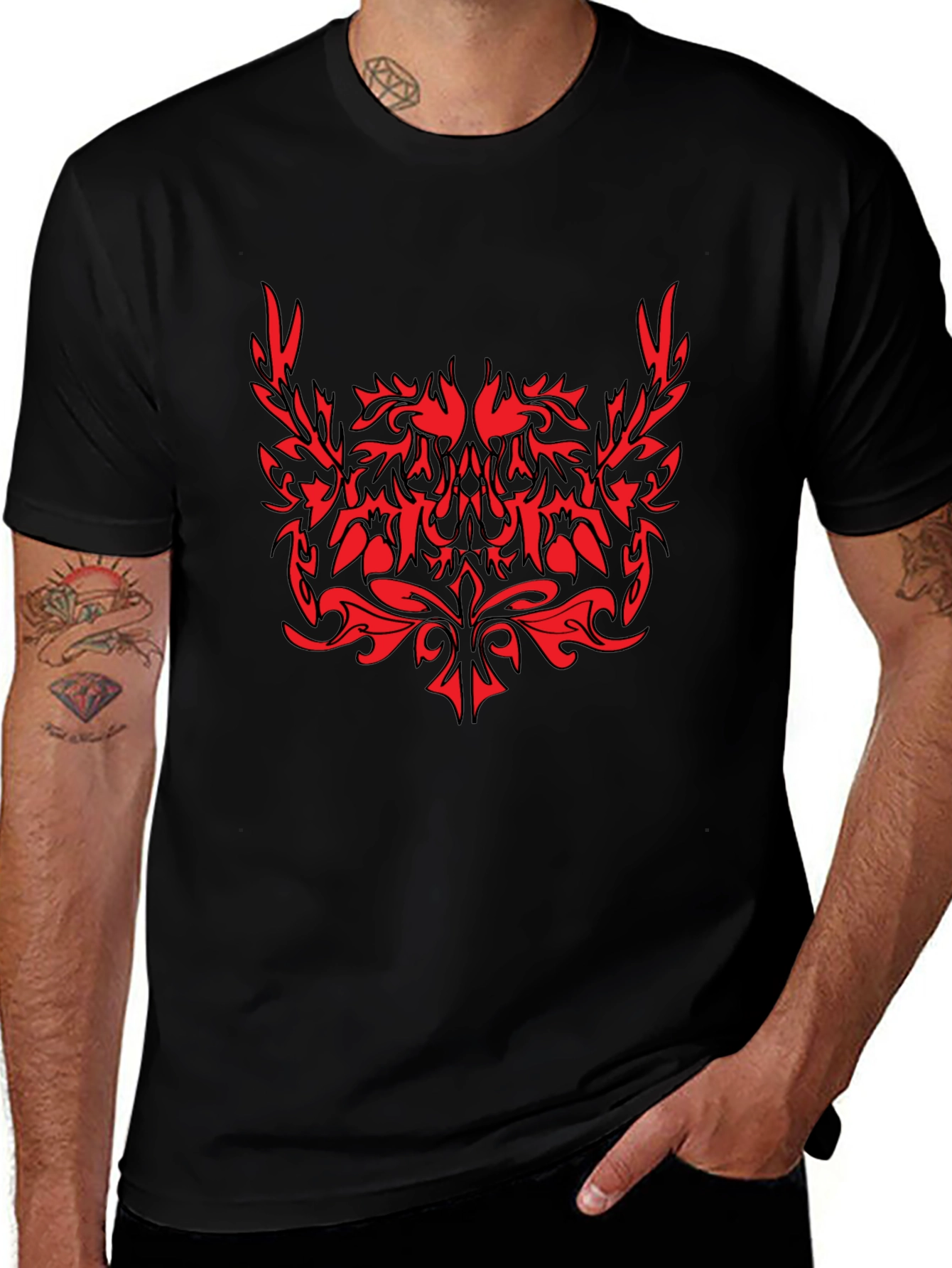 Tribal Graphic Black T-Shirt - Red Accent