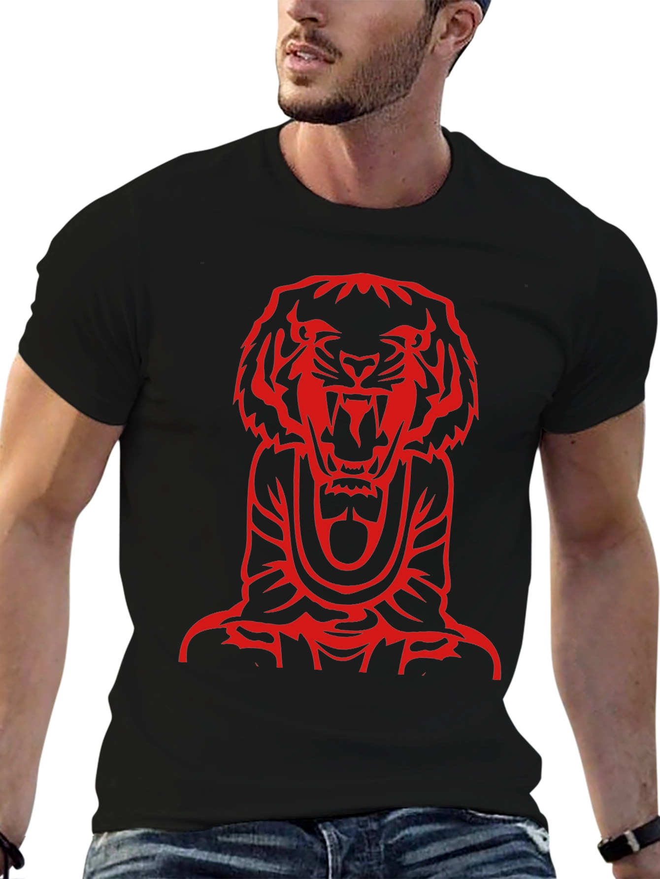 Red Tiger Graphic Print Black T-Shirt