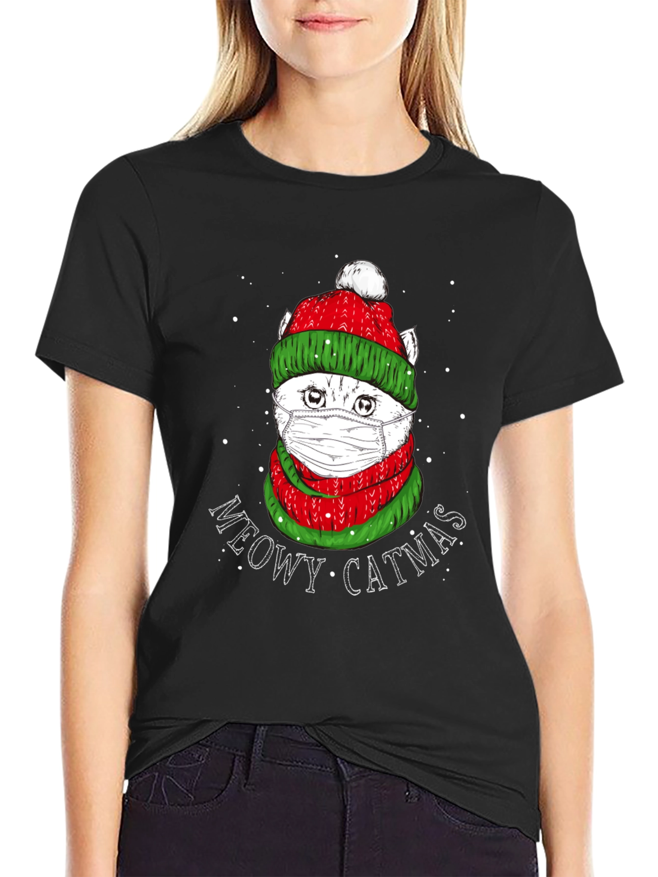 Meowy Catmas T-Shirt - Festive Cat in Mask
