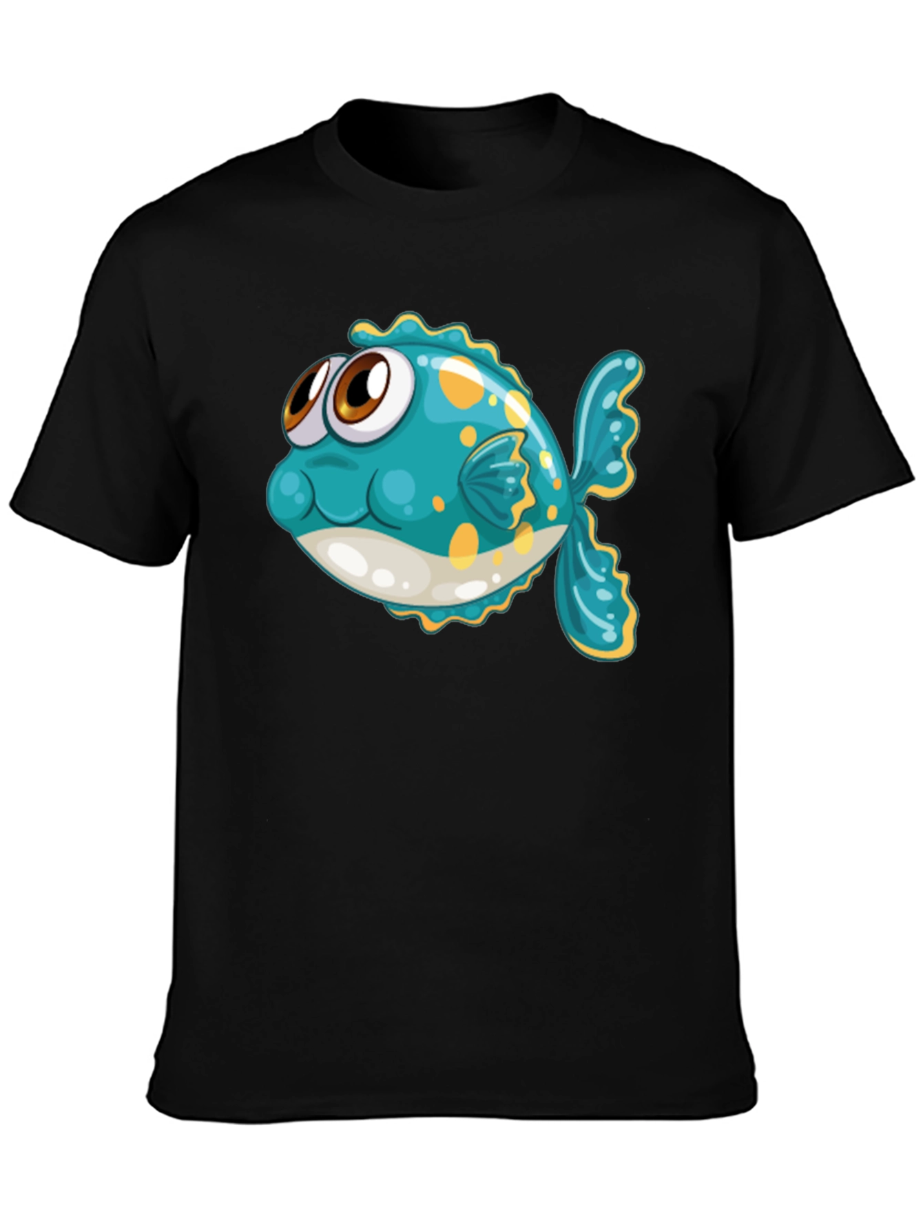 Cartoon Fish Graphic Tee - Black Cotton T-Shirt