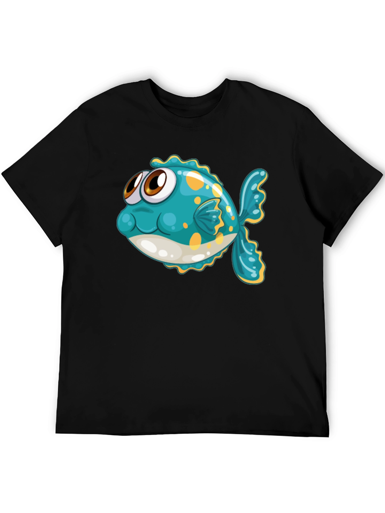 Cartoon Fish Graphic Tee - Black Cotton T-Shirt