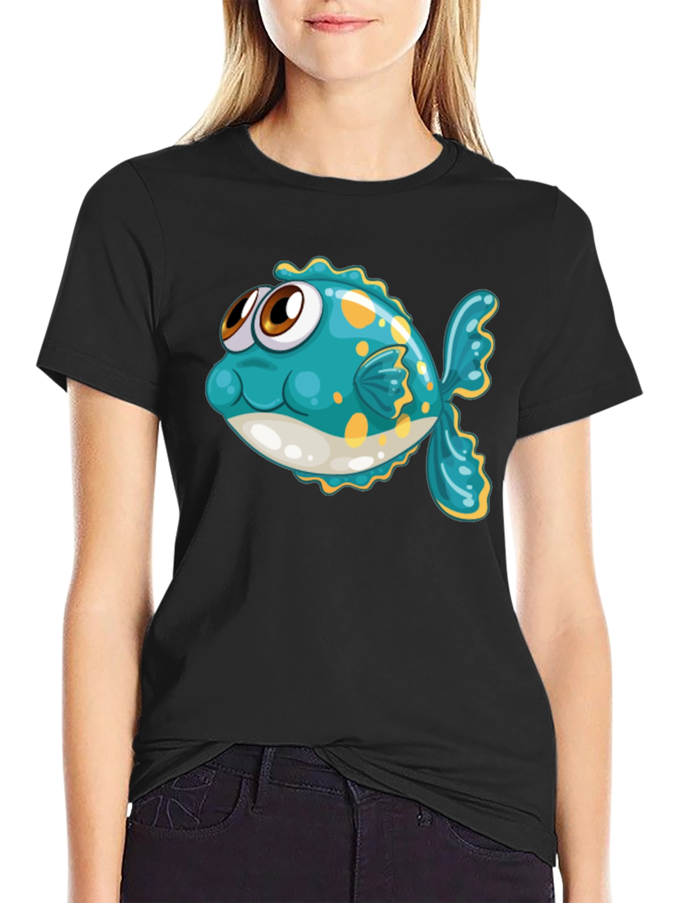 Cartoon Fish Graphic Tee - Black Cotton T-Shirt