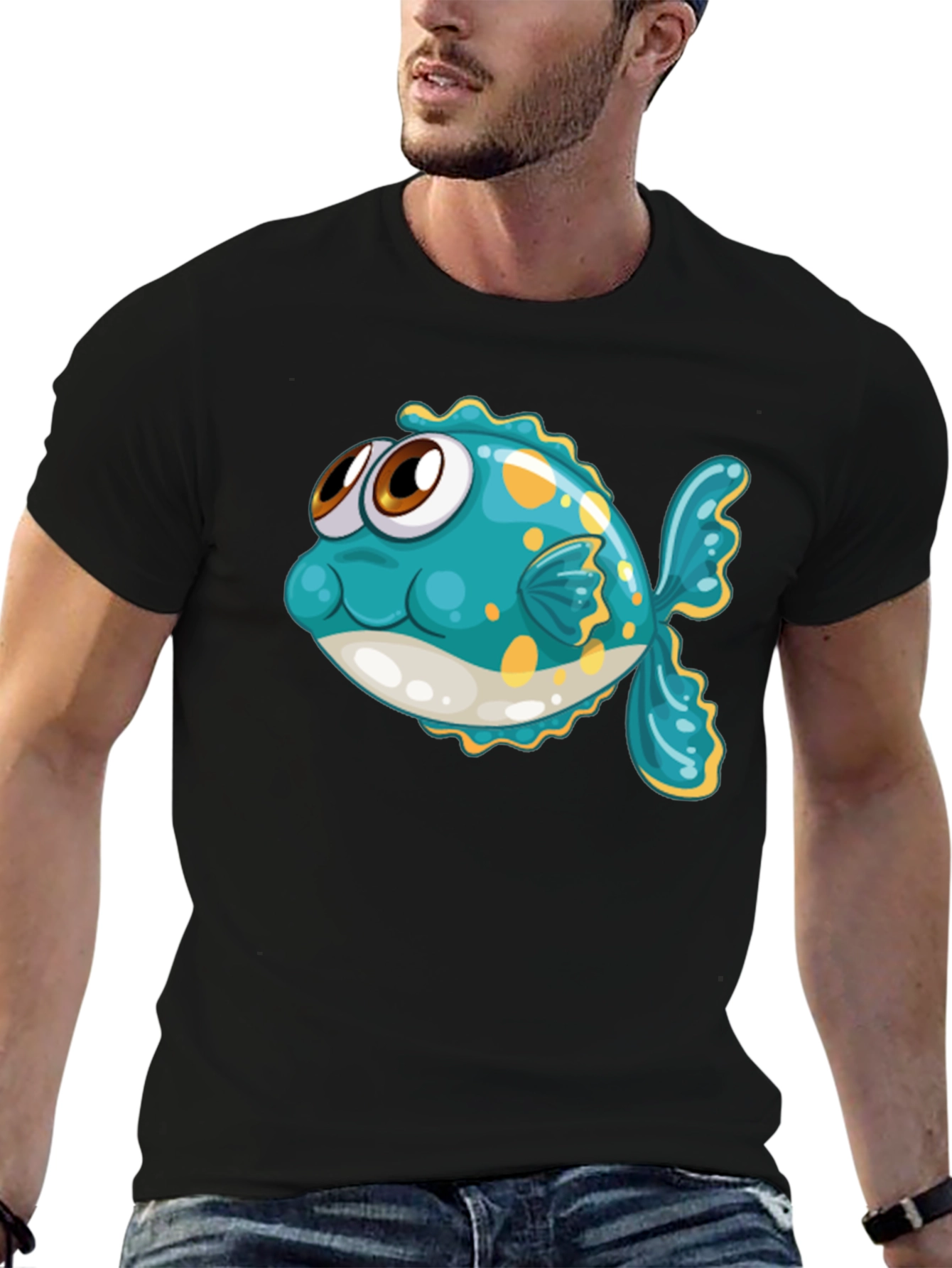 Cartoon Fish Graphic Tee - Black Cotton T-Shirt