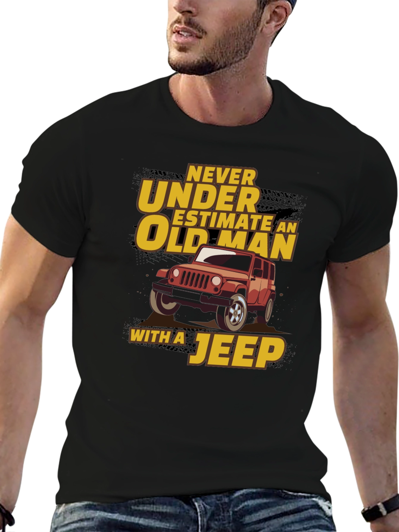 Never Underestimate Old Man Jeep Black T-Shirt