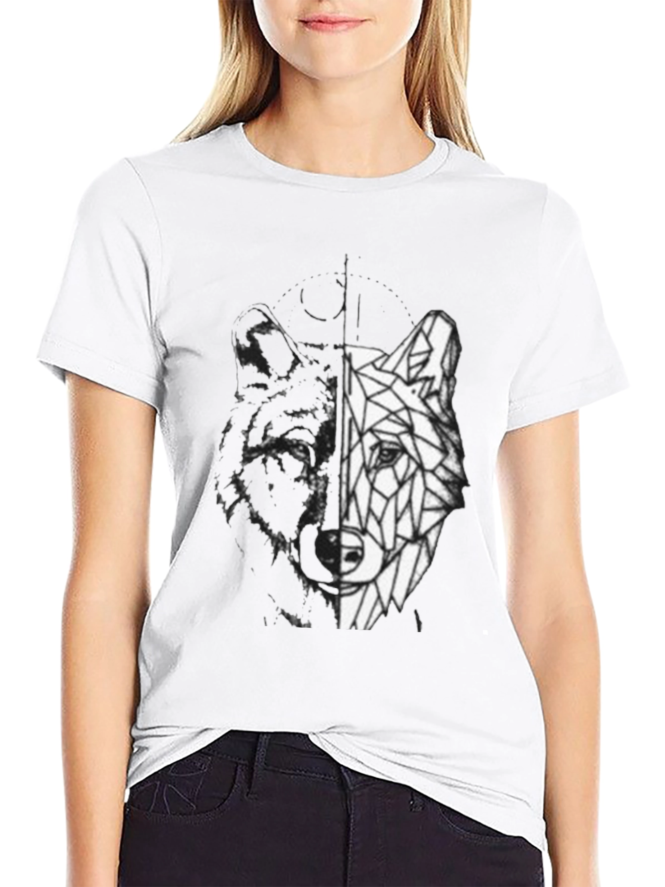 Geometric Wolf Graphic Print Black T-Shirt
