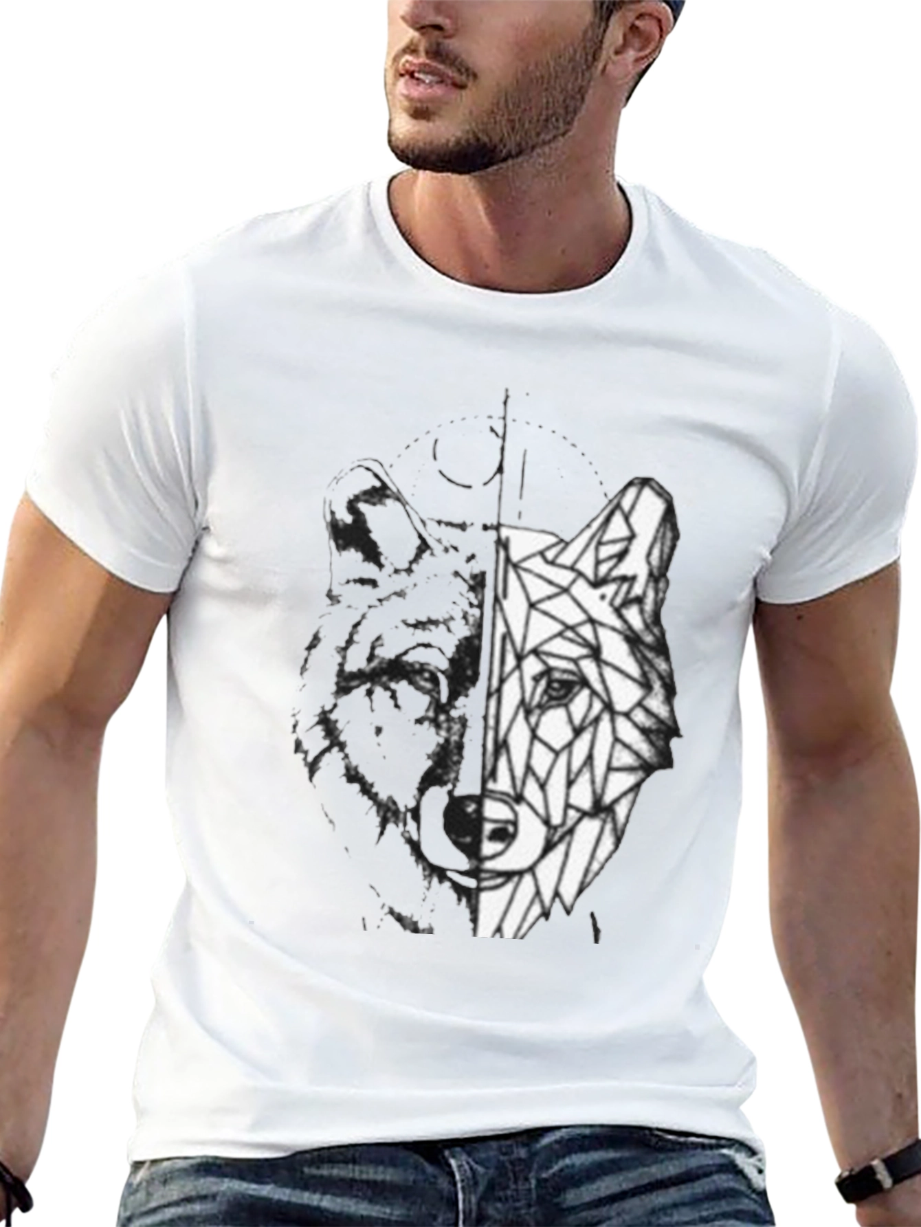 Geometric Wolf Graphic Print Black T-Shirt