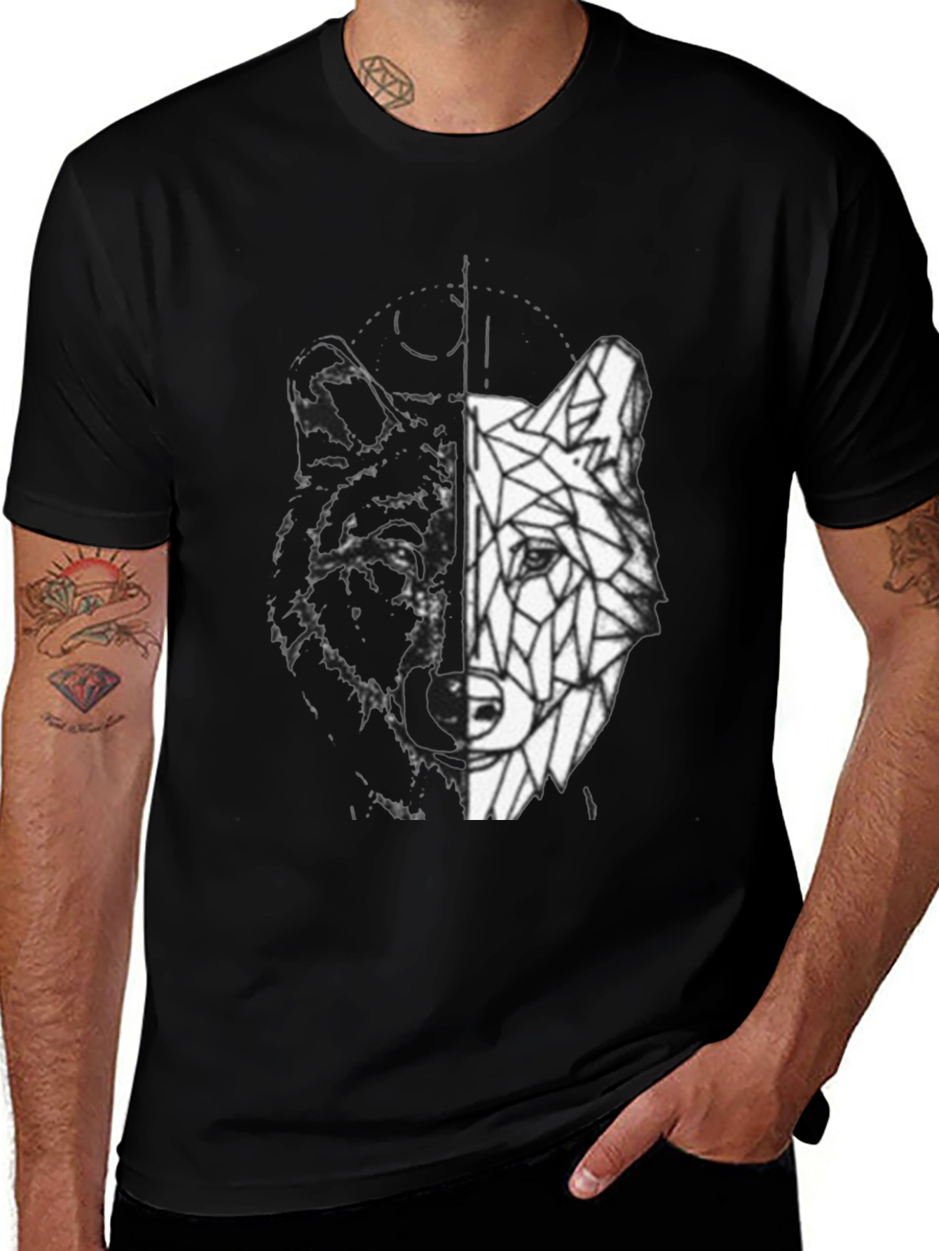 Geometric Wolf Graphic Print Black T-Shirt