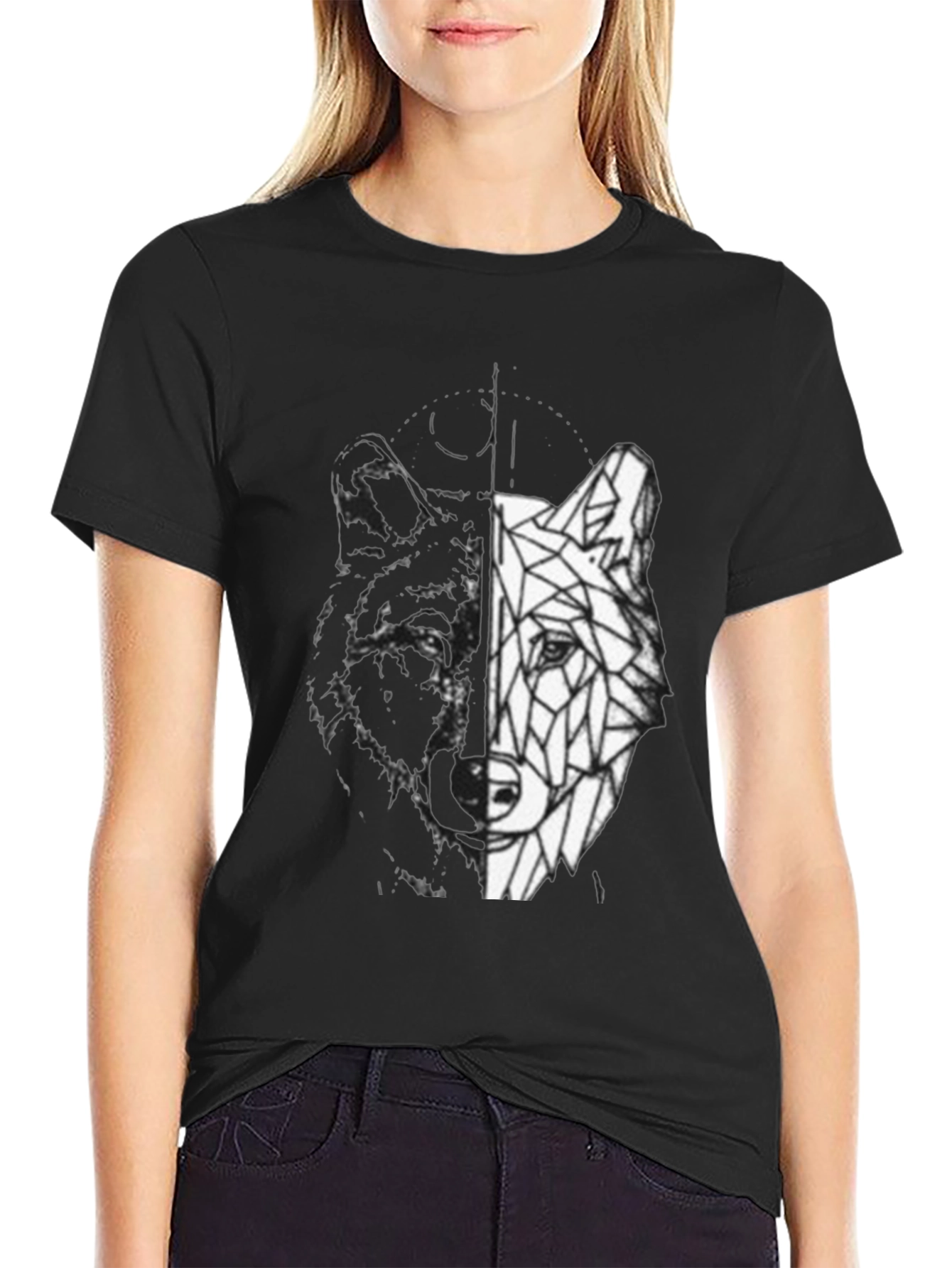 Geometric Wolf Graphic Print Black T-Shirt