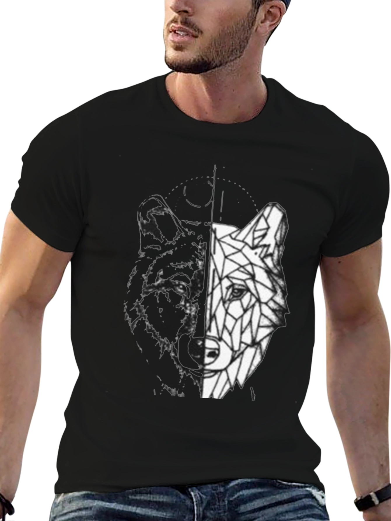 Geometric Wolf Graphic Print Black T-Shirt