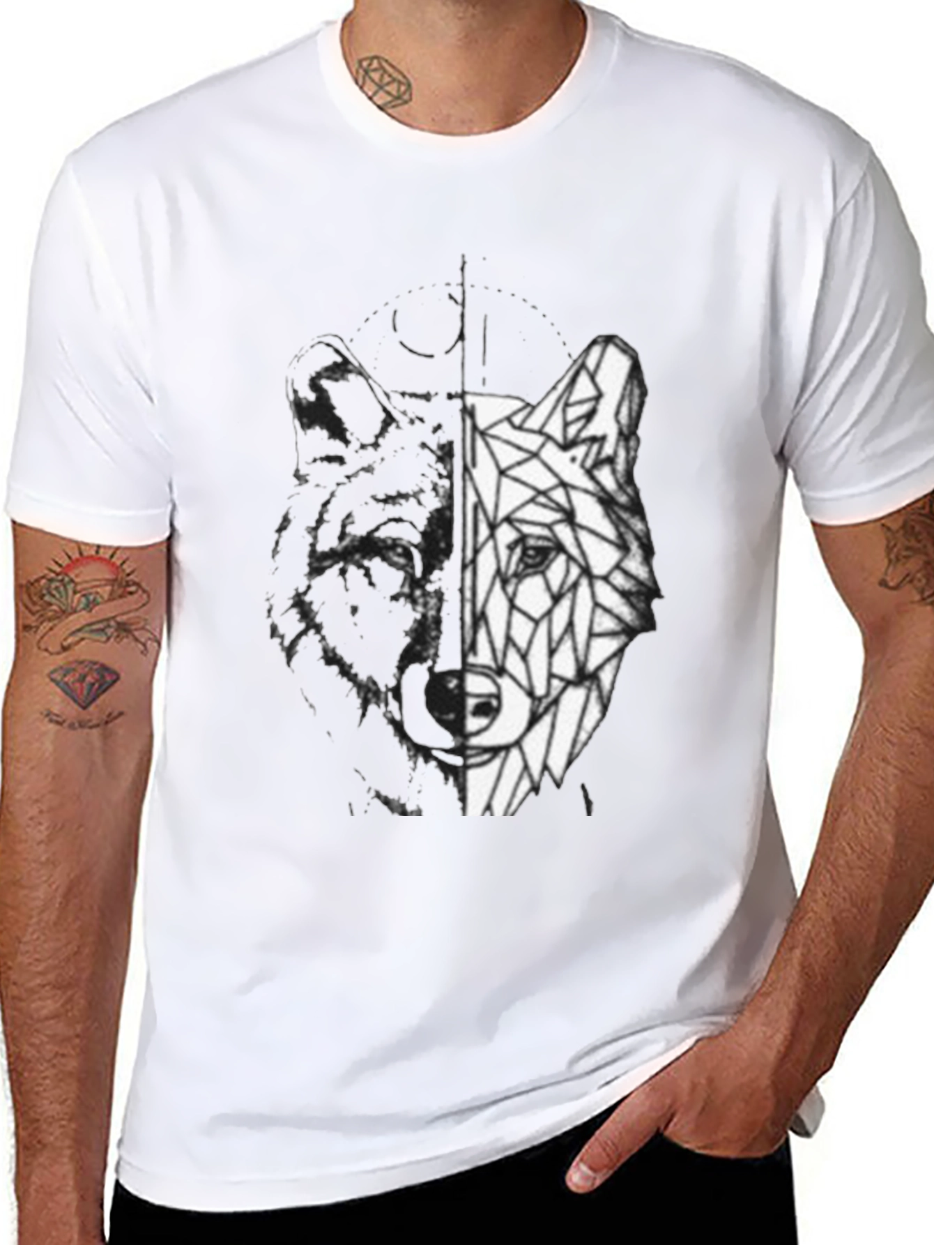 Geometric Wolf Graphic Print Black T-Shirt