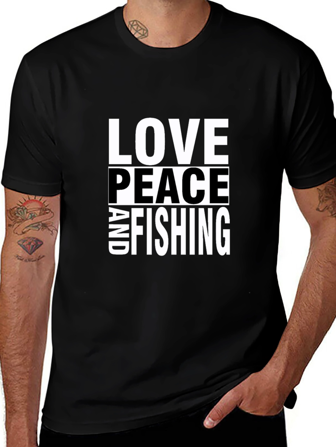 Love Peace and Fishing T-Shirt - Black Cotton