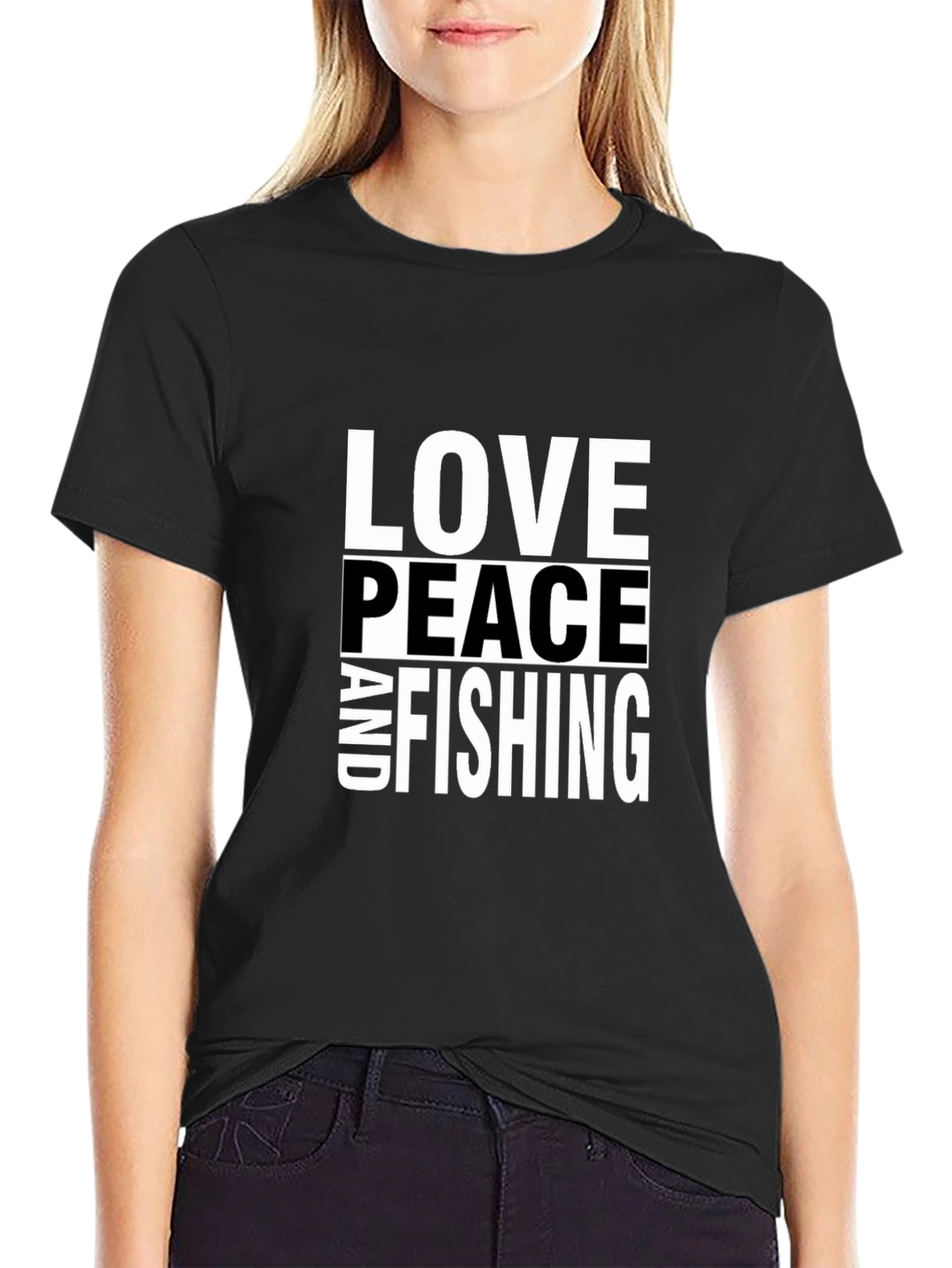 Love Peace and Fishing T-Shirt - Black Cotton