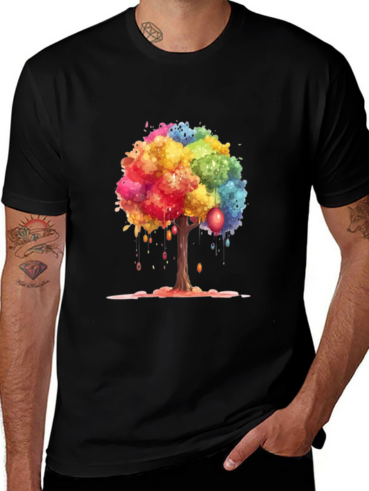 Colorful Tree Graphic Tee - Black Cotton Shirt