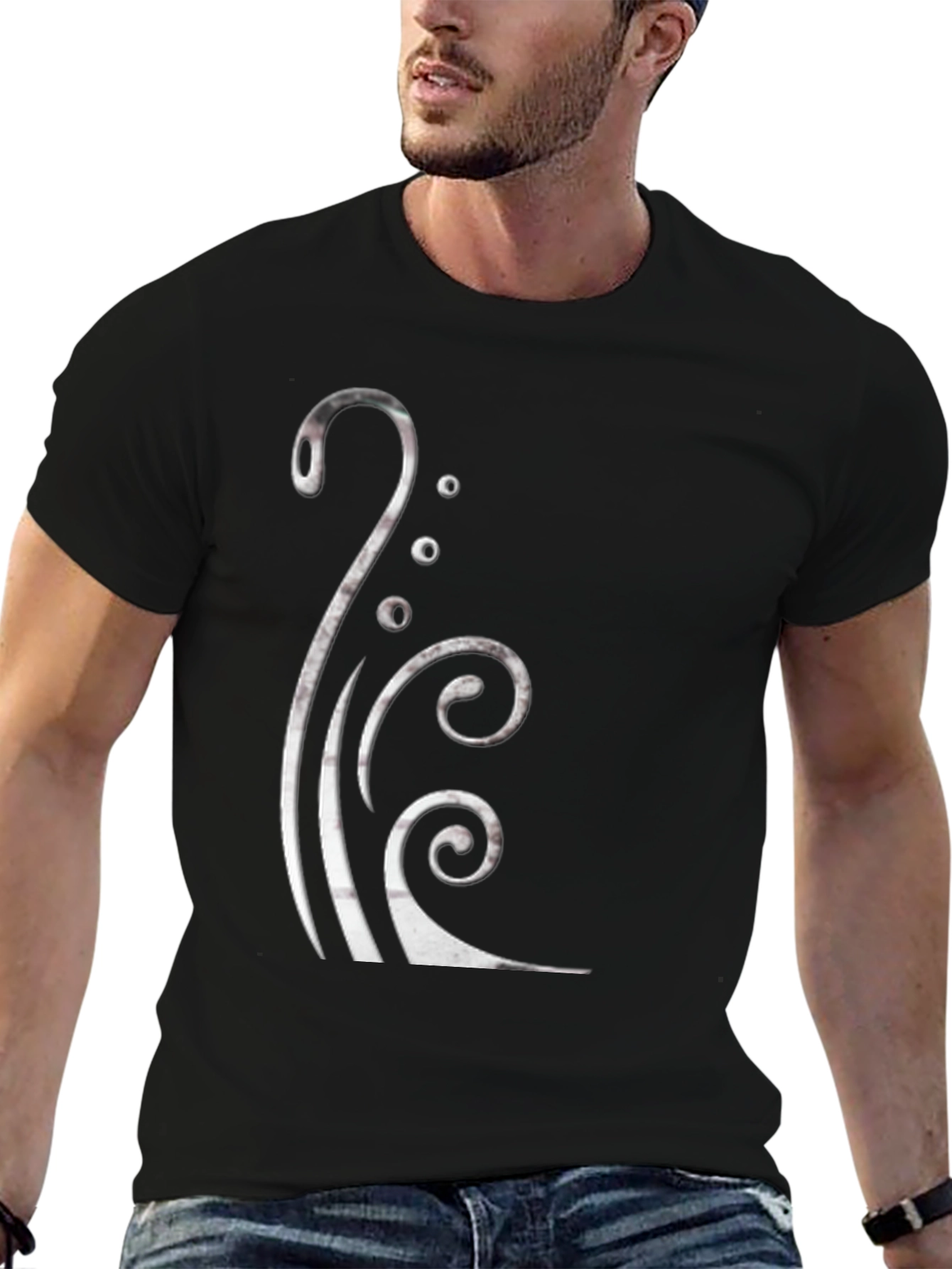 Black Graphic Tee with Silver Swirl Design