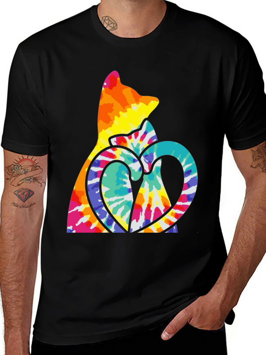 Tie Dye Cat & Heart Graphic T-Shirt