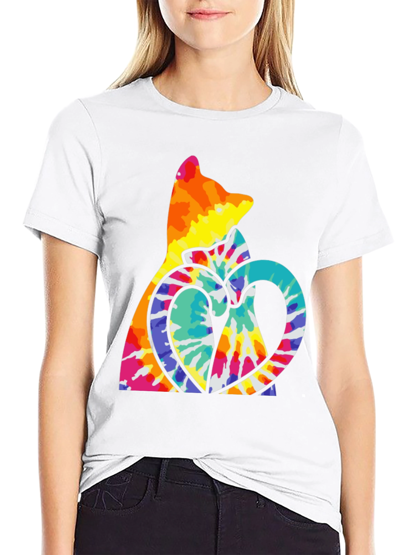 Tie Dye Cat & Heart Graphic T-Shirt