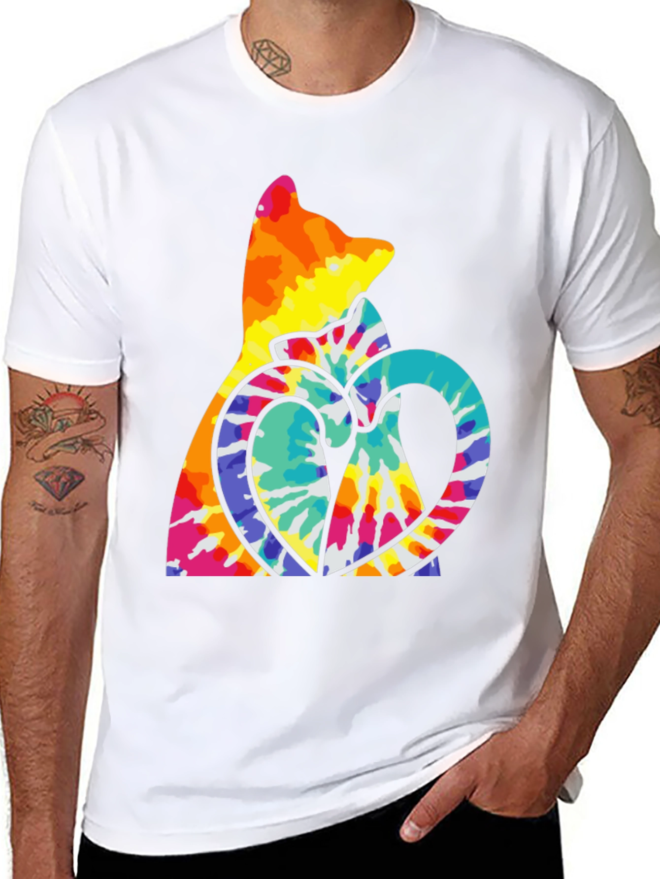 Tie Dye Cat & Heart Graphic T-Shirt