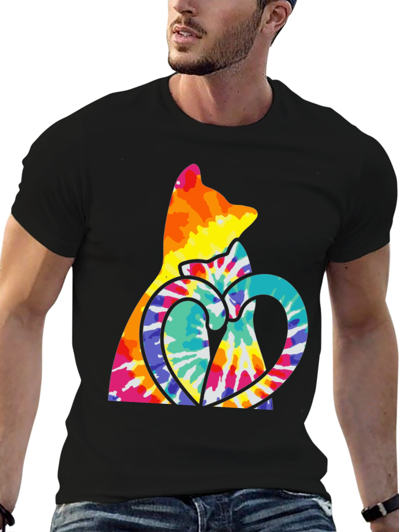 Tie Dye Cat & Heart Graphic T-Shirt