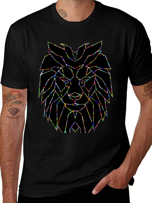 Geometric Lion Graphic Tee - Black Crew Neck