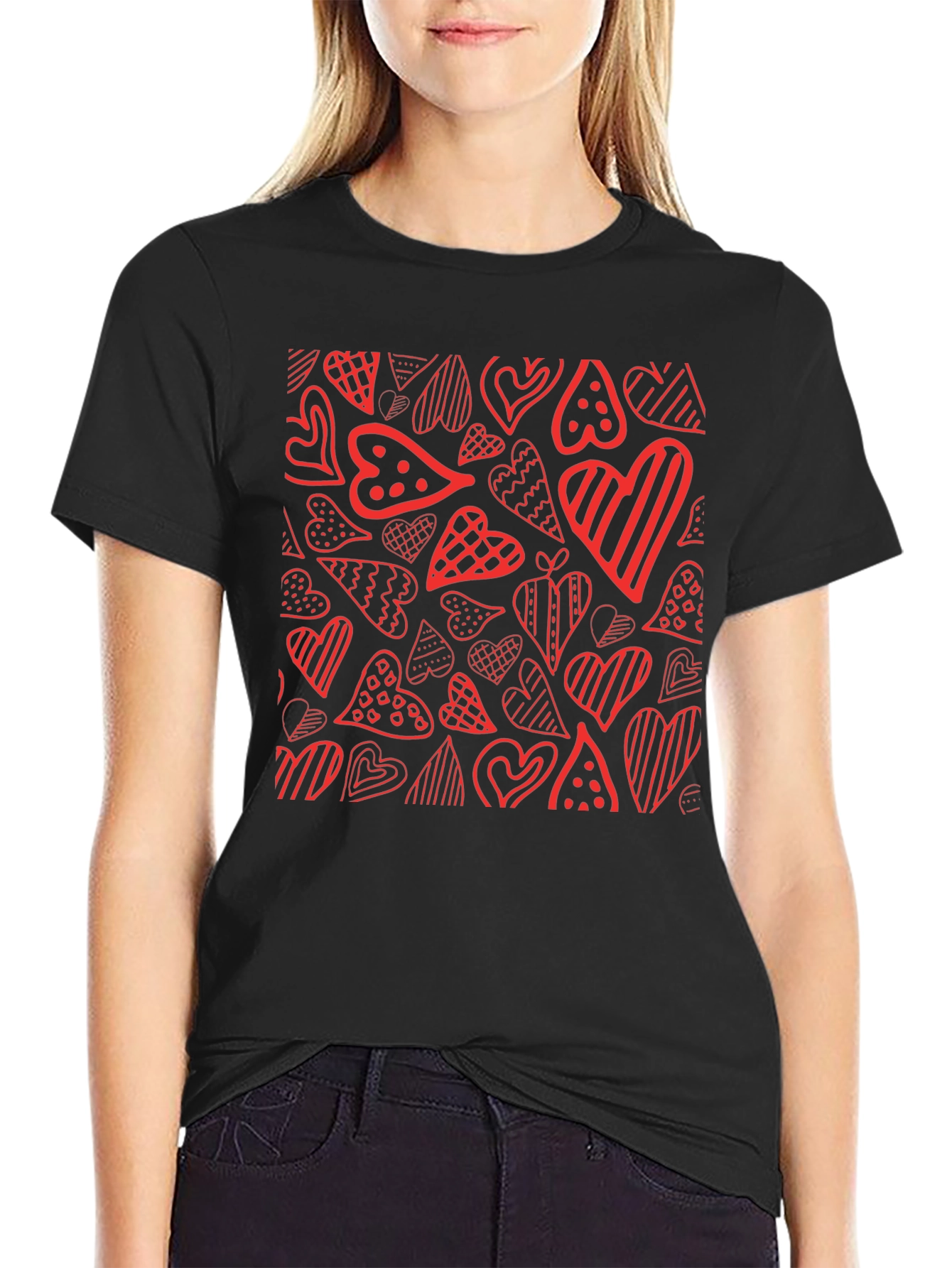 Heart Pattern Tee - Black Graphic T-Shirt
