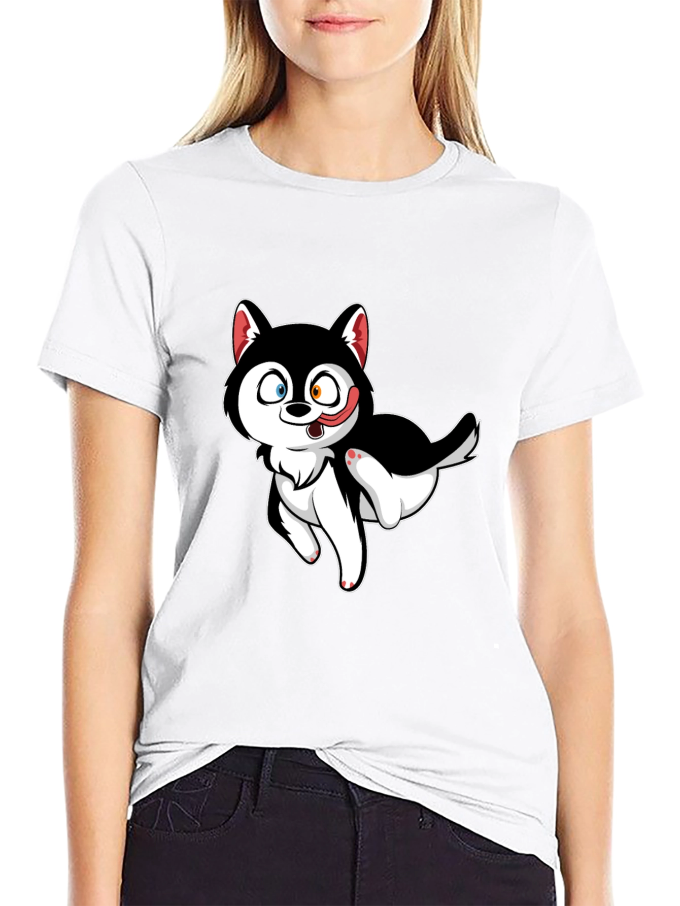 Cute Cartoon Husky Graphic T-Shirt - Black