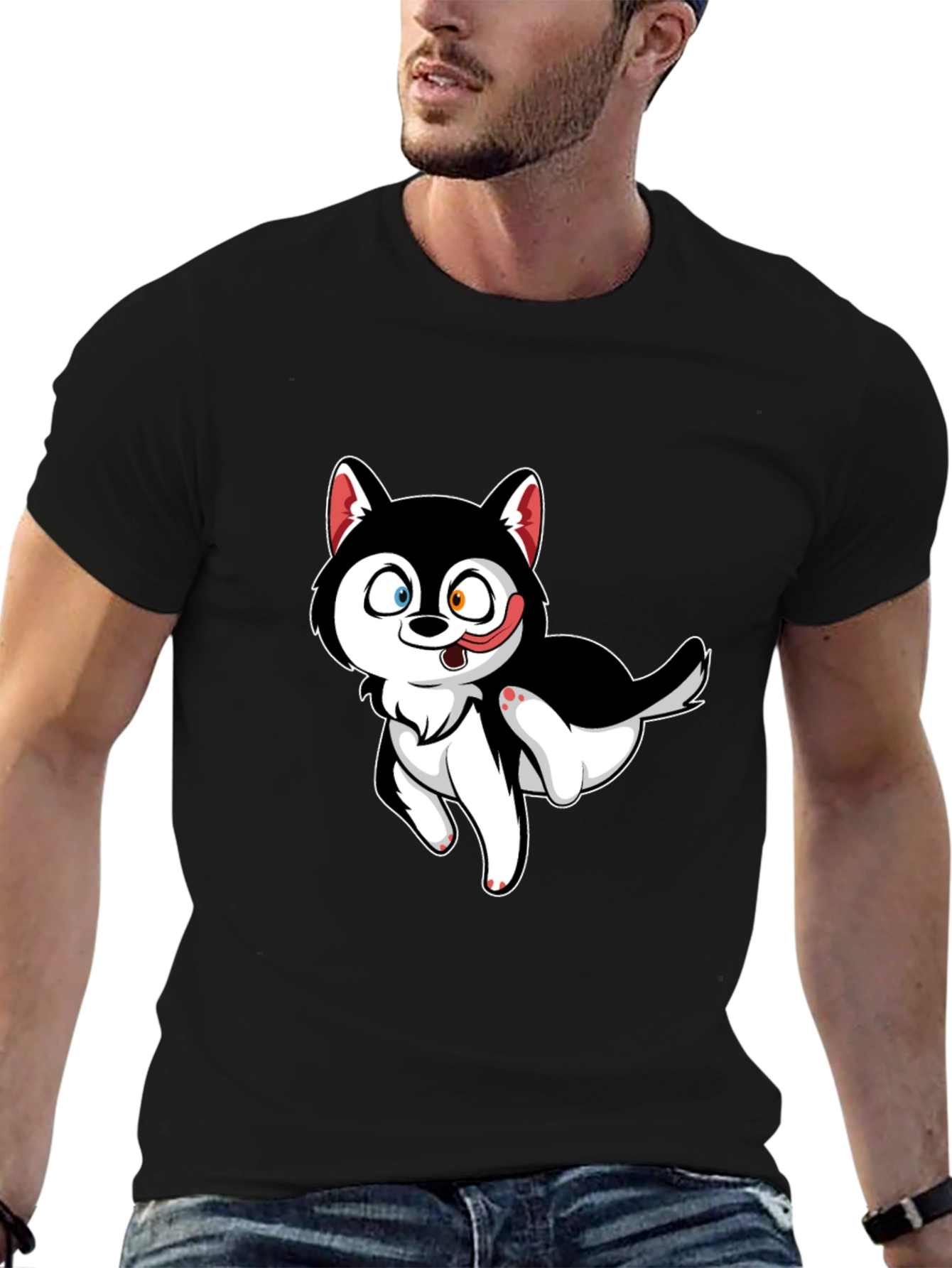 Cute Cartoon Husky Graphic T-Shirt - Black