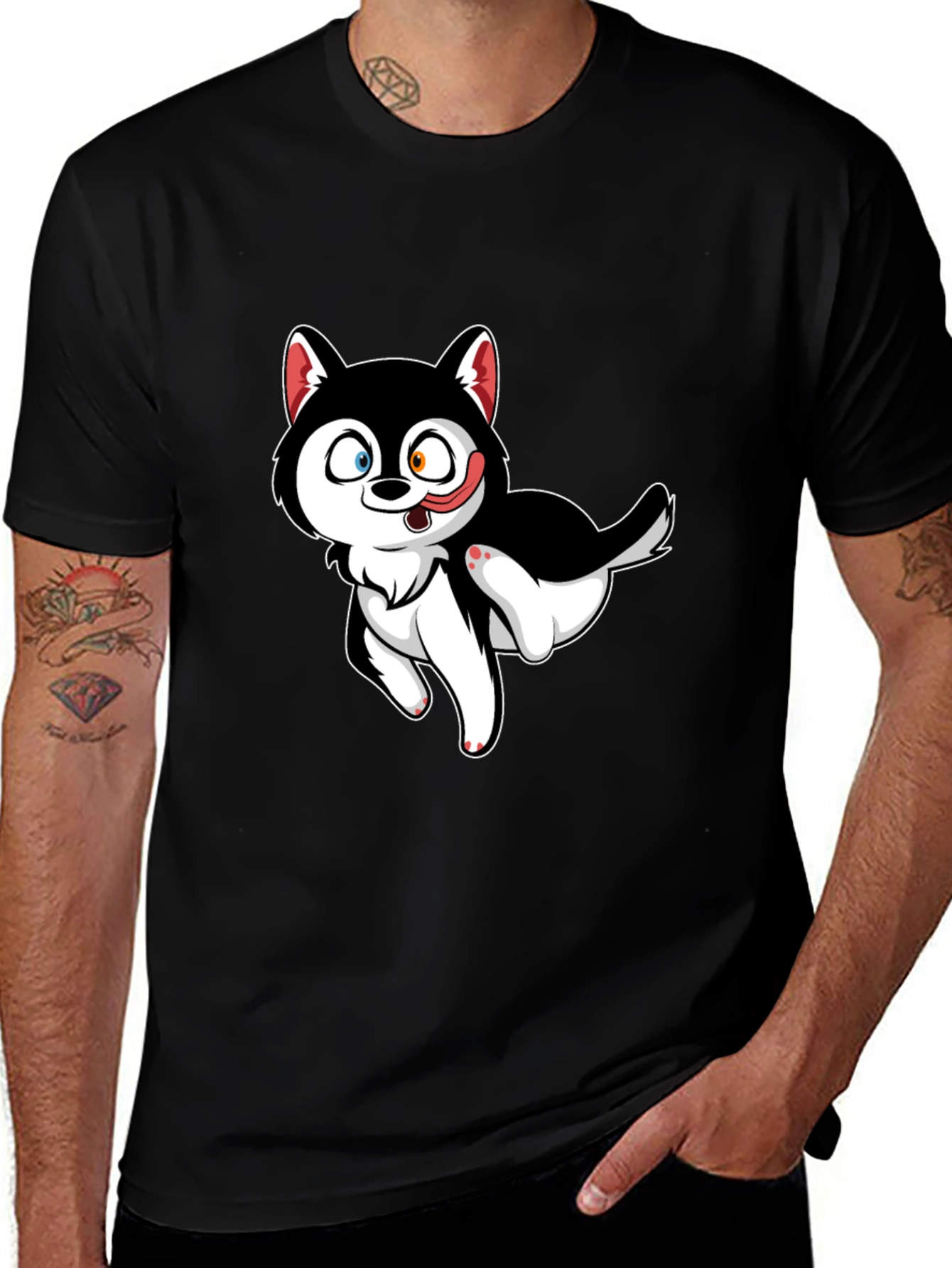 Cute Cartoon Husky Graphic T-Shirt - Black