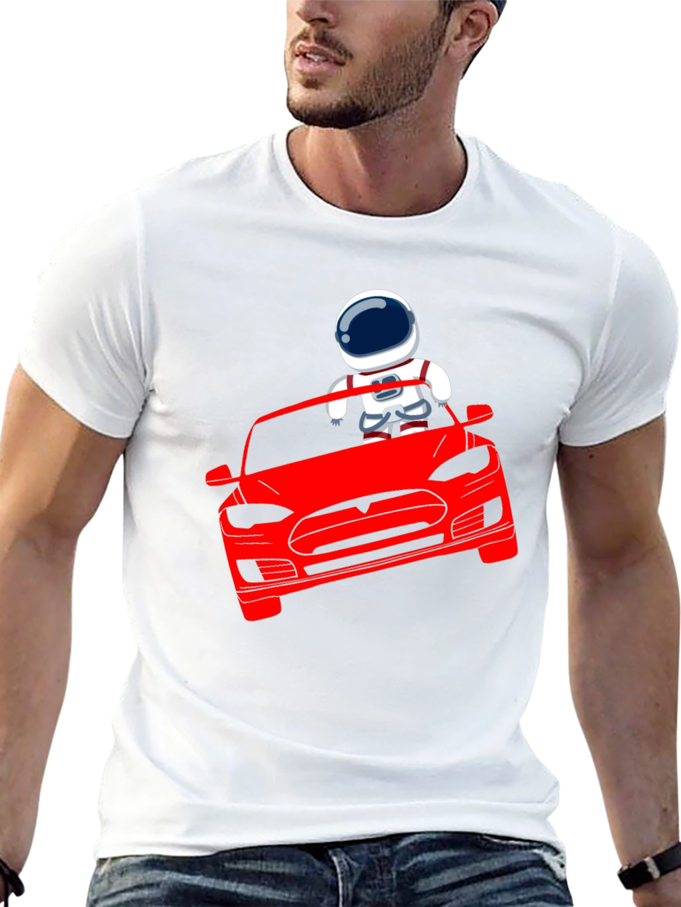 Astronaut Driving Tesla T-Shirt - Cool Graphic Tee