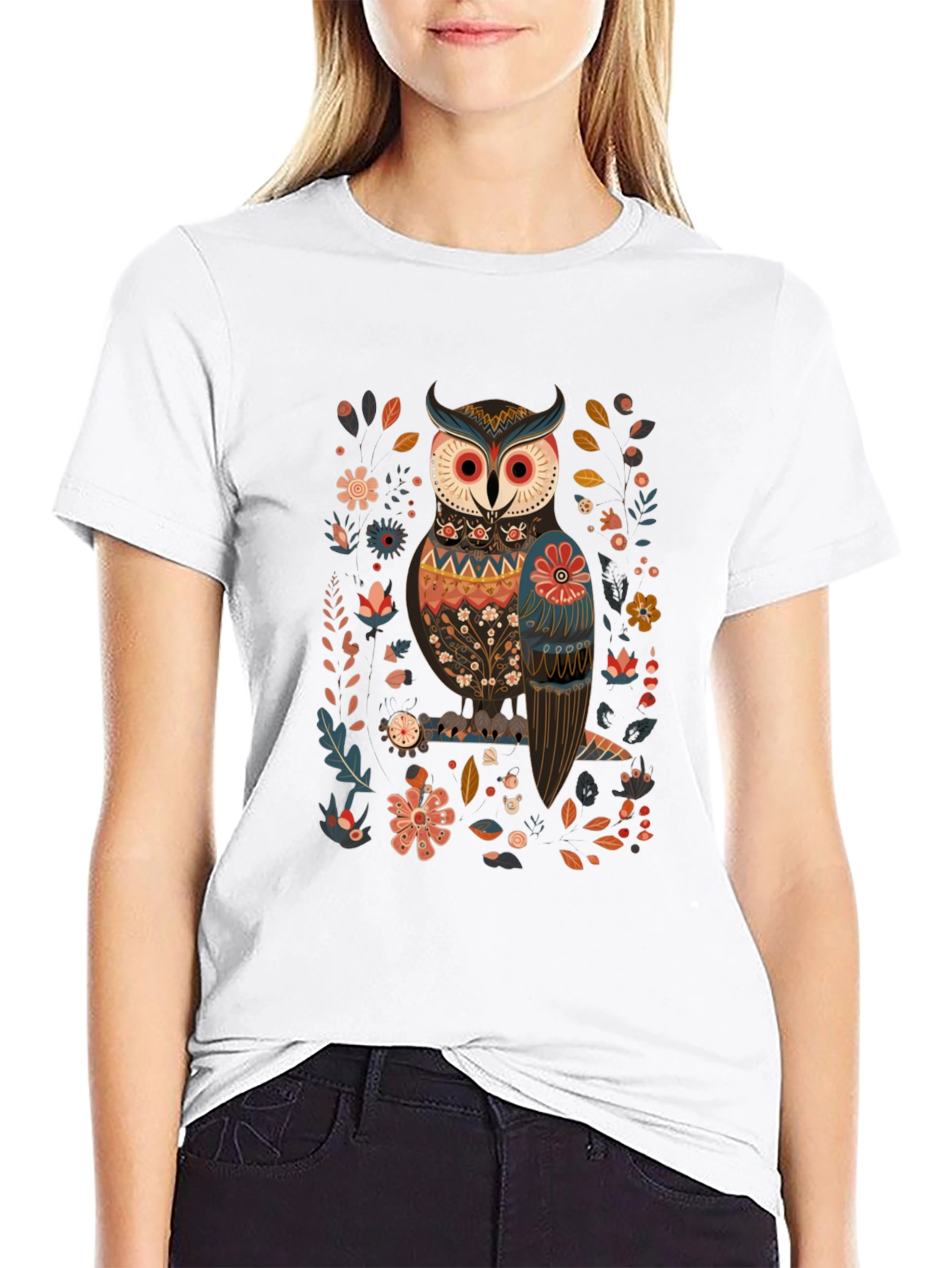 Owl & Floral Graphic Black T-Shirt