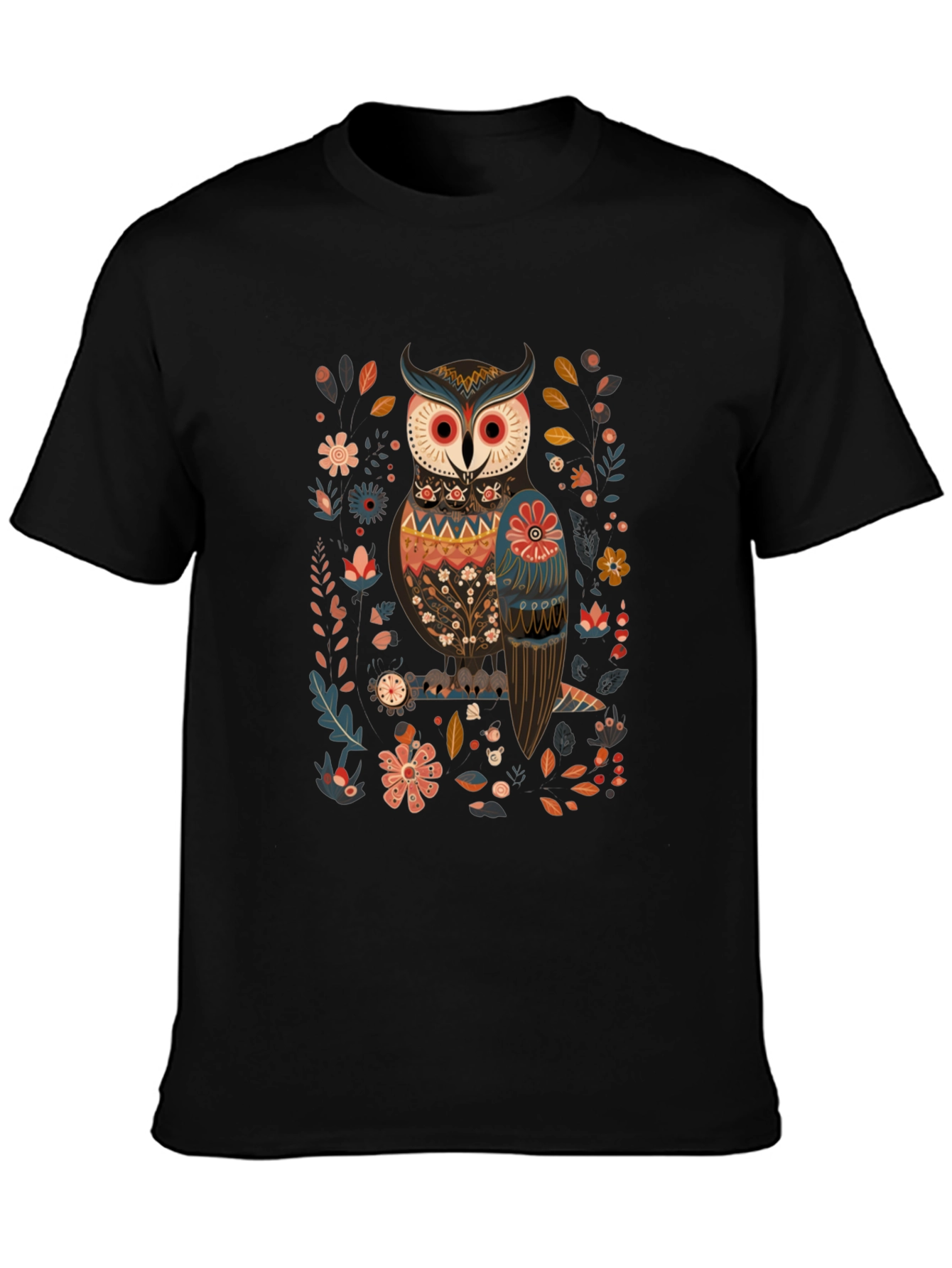 Owl & Floral Graphic Black T-Shirt