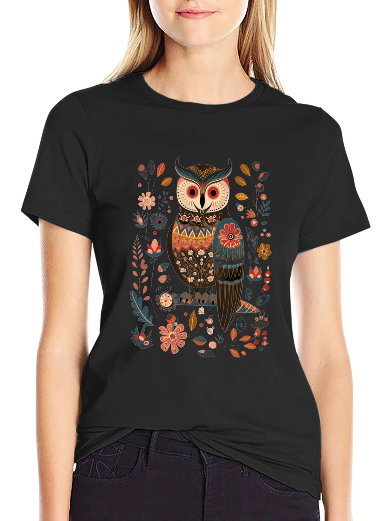 Owl & Floral Graphic Black T-Shirt
