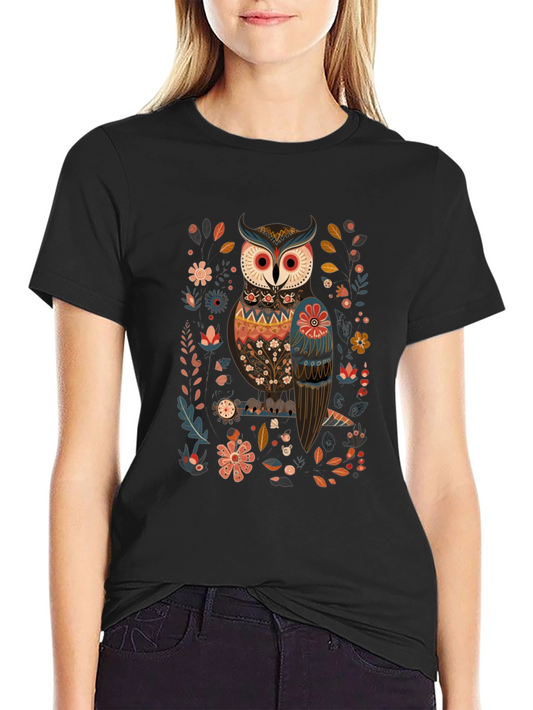 Owl & Floral Graphic Black T-Shirt