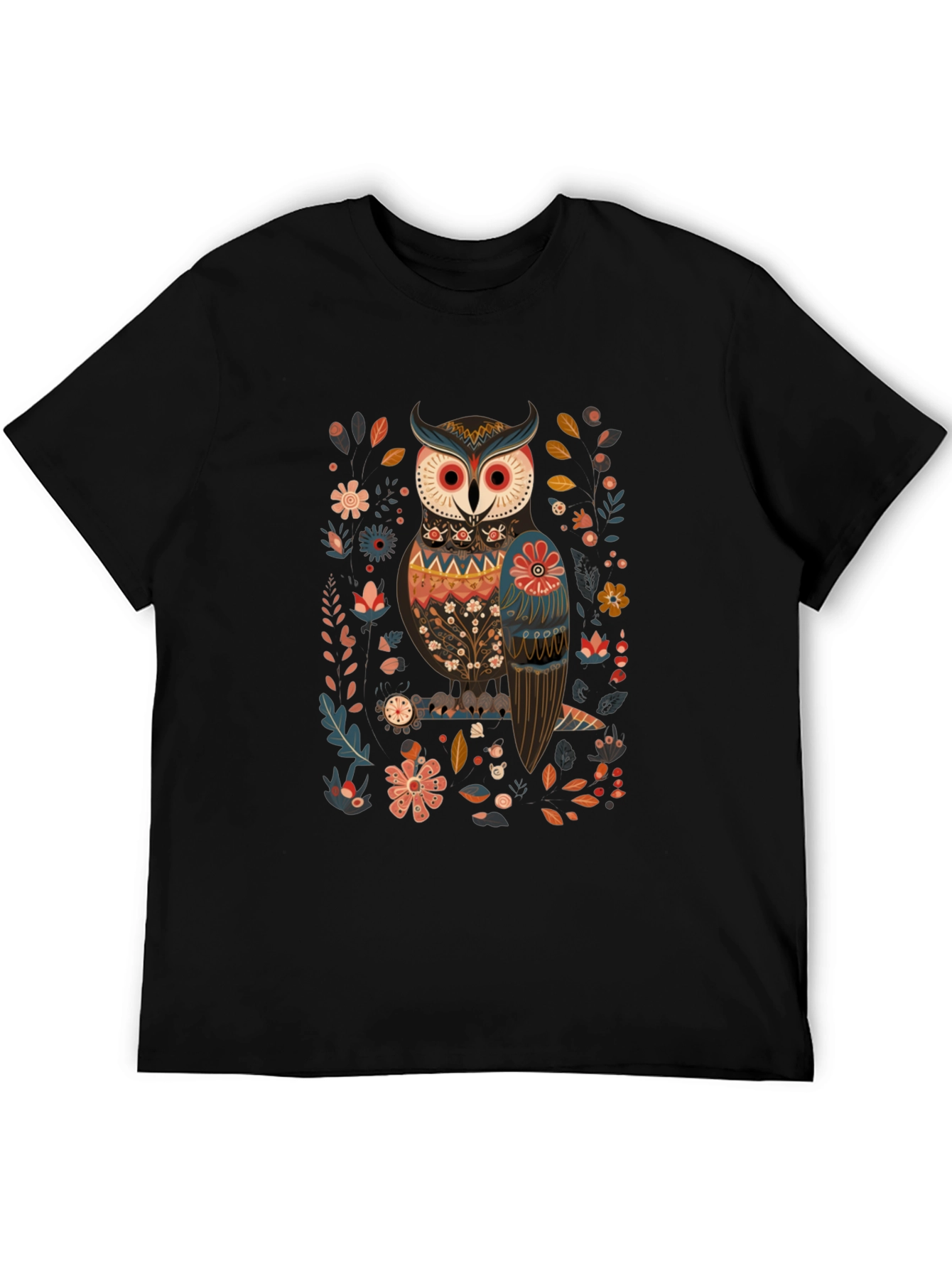 Owl & Floral Graphic Black T-Shirt