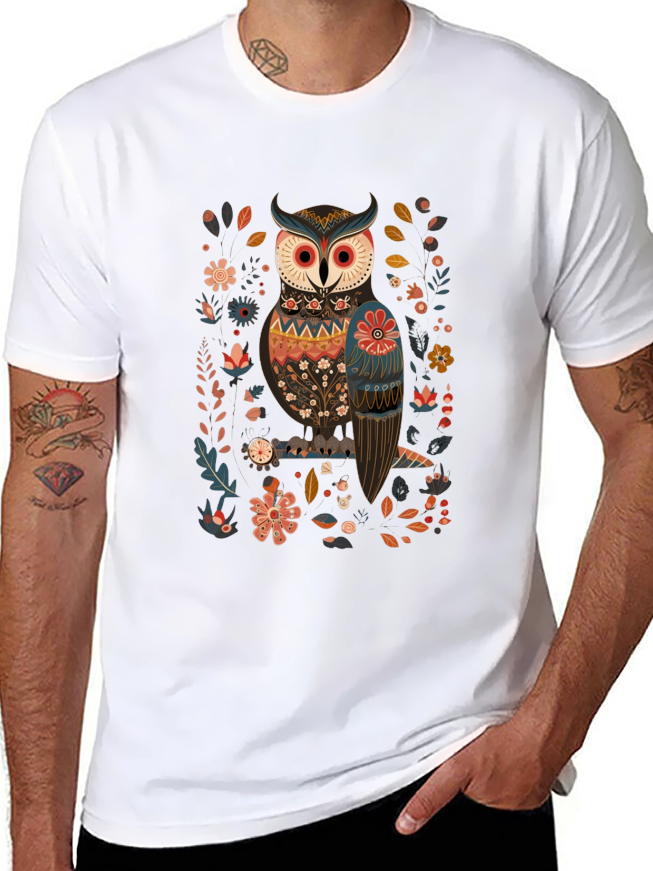 Owl & Floral Graphic Black T-Shirt
