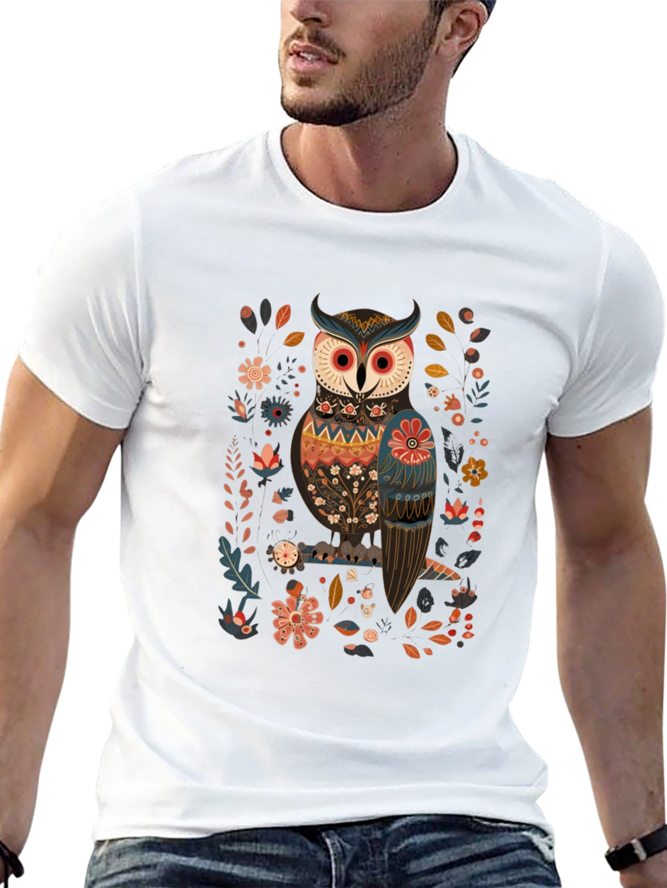 Owl & Floral Graphic Black T-Shirt