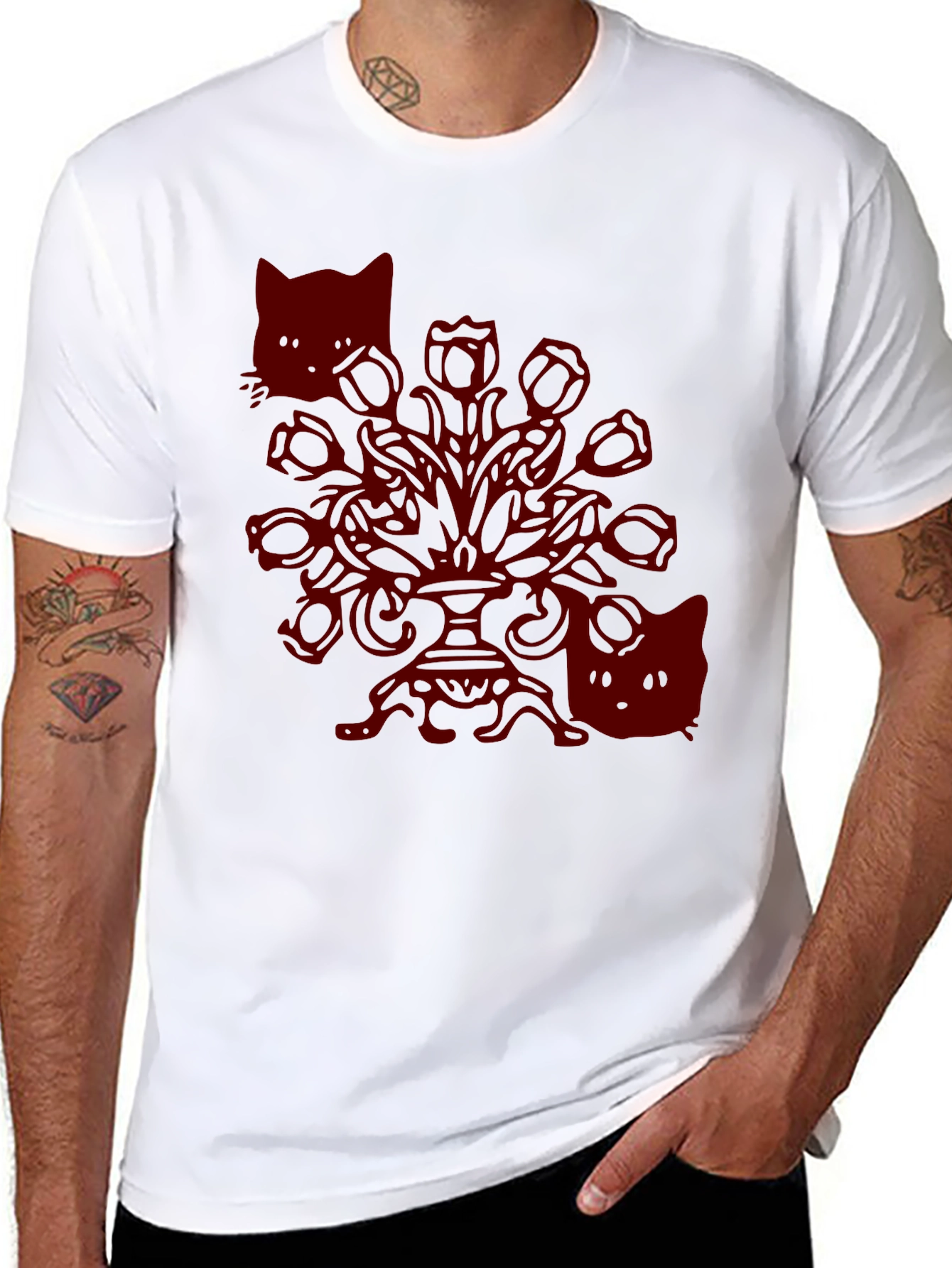 Gothic Cat T-Shirt - Spooky Floral Design