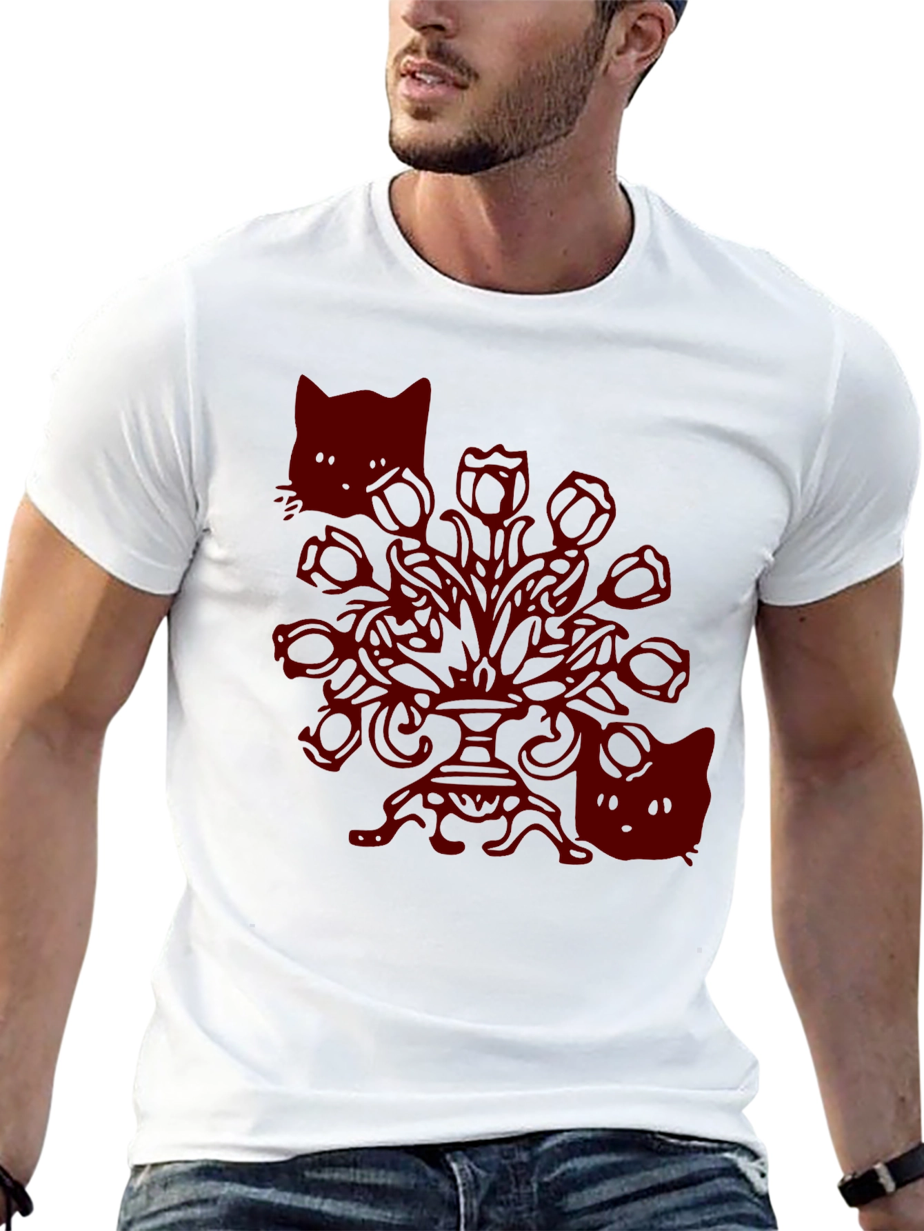 Gothic Cat T-Shirt - Spooky Floral Design