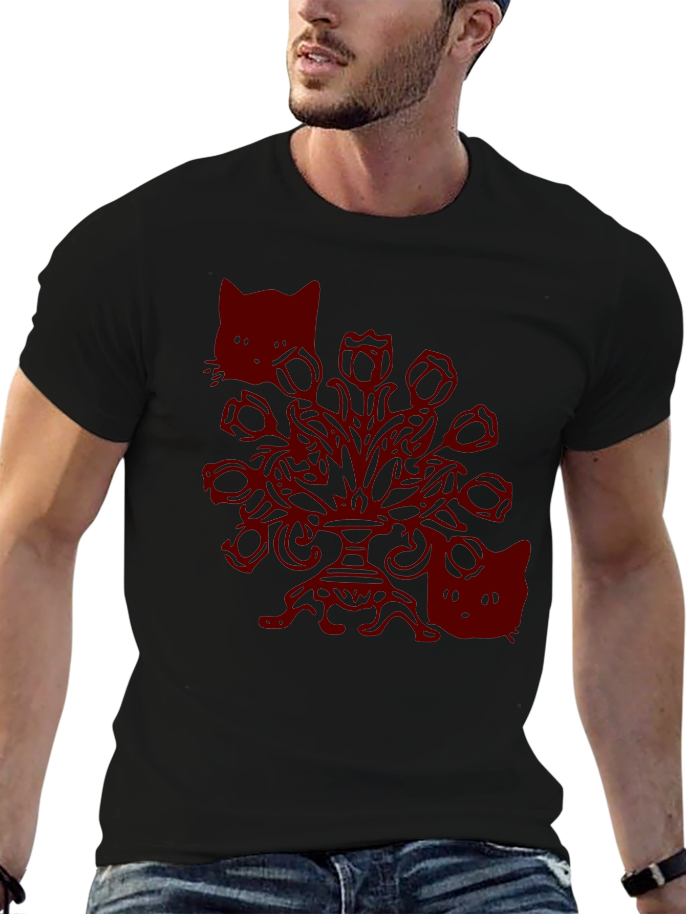 Gothic Cat T-Shirt - Spooky Floral Design