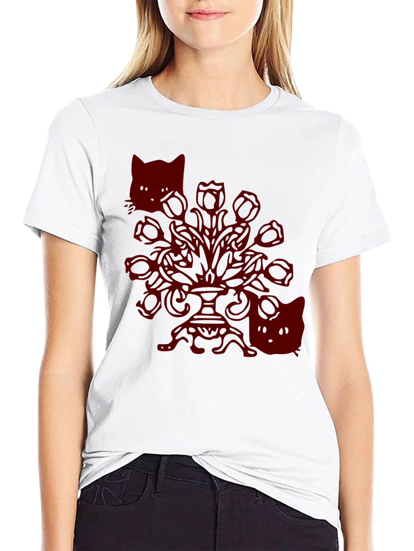 Gothic Cat T-Shirt - Spooky Floral Design