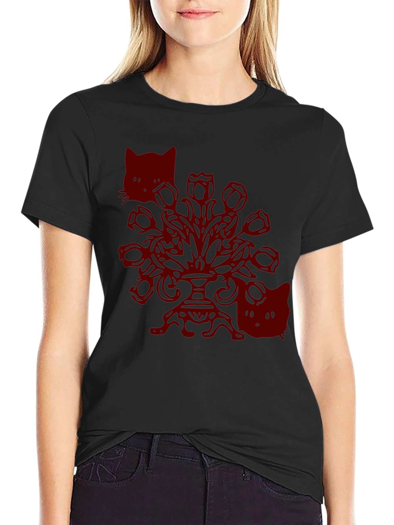 Gothic Cat T-Shirt - Spooky Floral Design