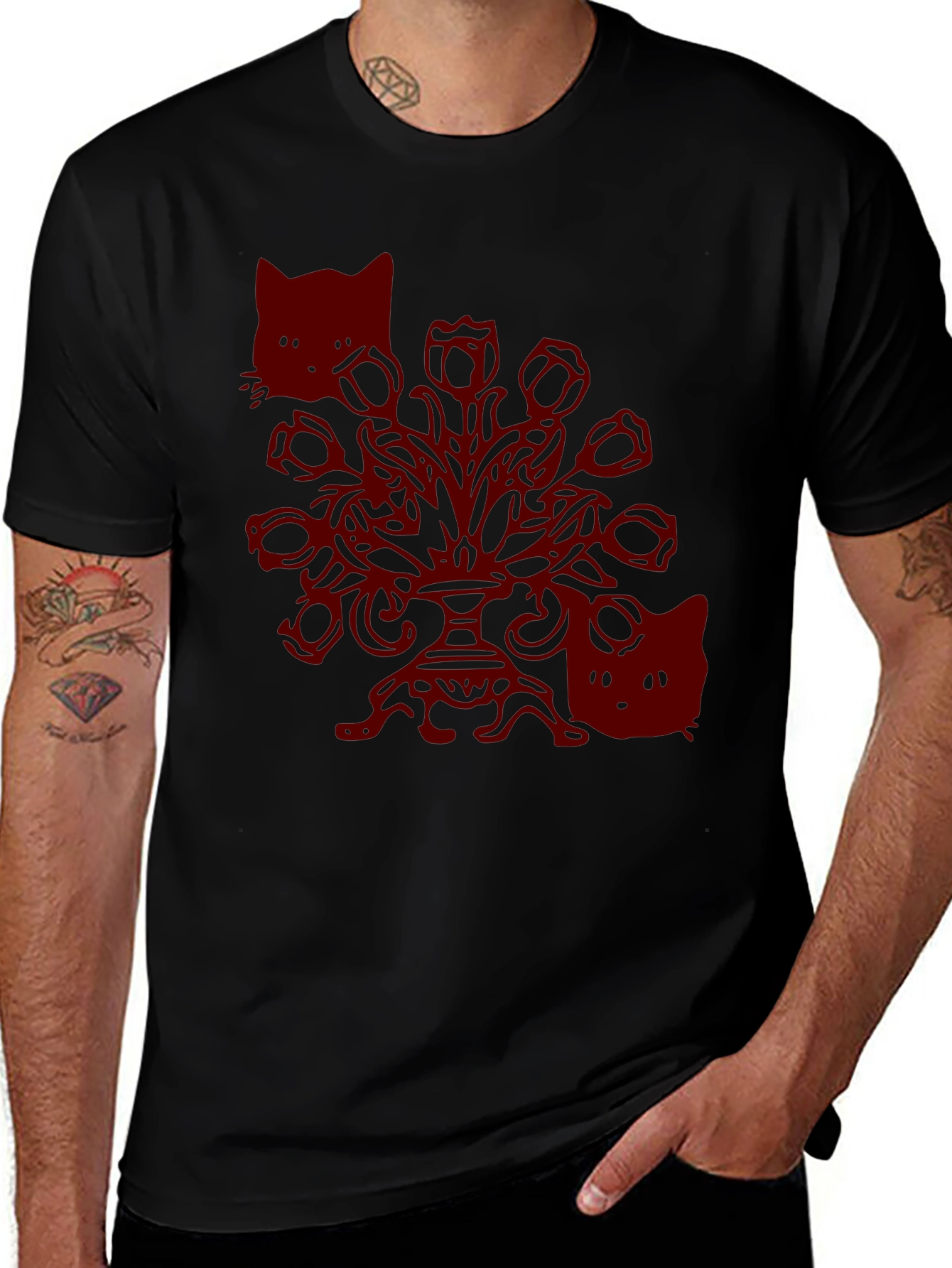 Gothic Cat T-Shirt - Spooky Floral Design