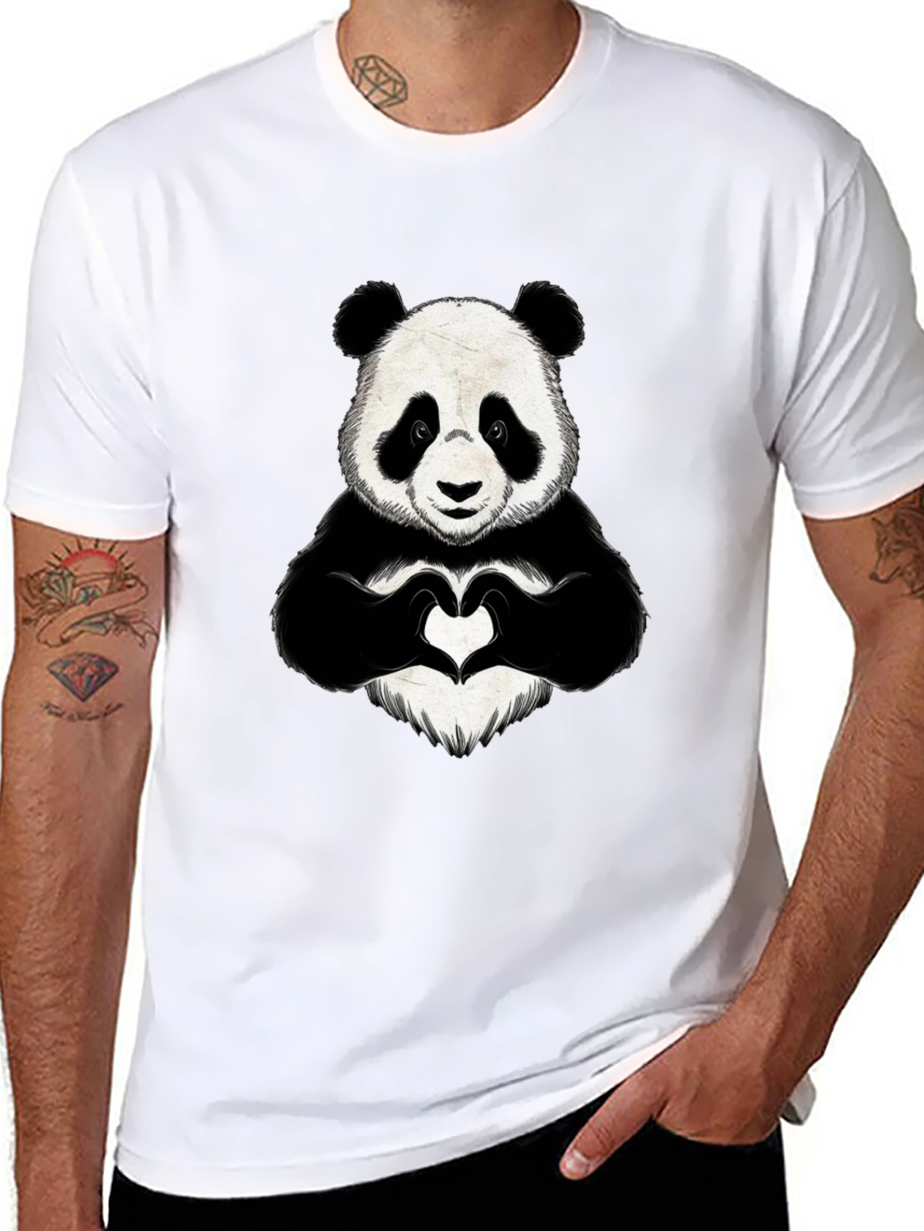 Panda Heart Hands Graphic Black T-Shirt